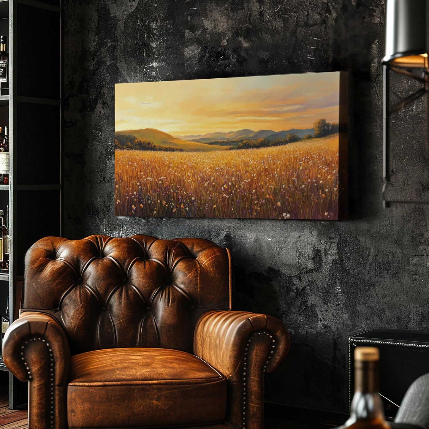 Sunset Meadow Canvas Art | Impasto Impressionism Print | Bohemian Wall Art For Living Room | Honeycomb Hues Art Horizontal Art