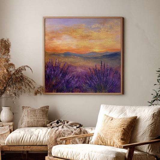 Sunset Lavender Field Canvas Art | Impasto Print | Bohemian Wall Art For Living Room | Burnished Gold Art | Tranquil Decor Square Canvas Art