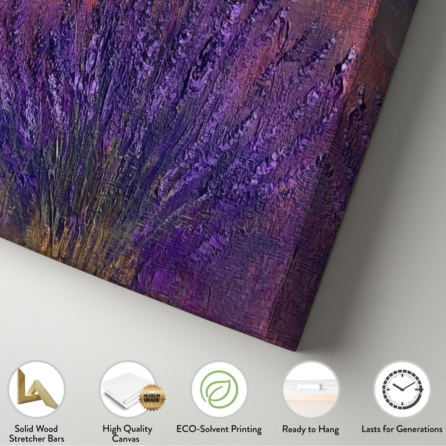 Sunset Lavender Field Canvas Art | Impasto Print | Bohemian Wall Art For Living Room | Burnished Gold Art | Tranquil Decor Square Canvas Art