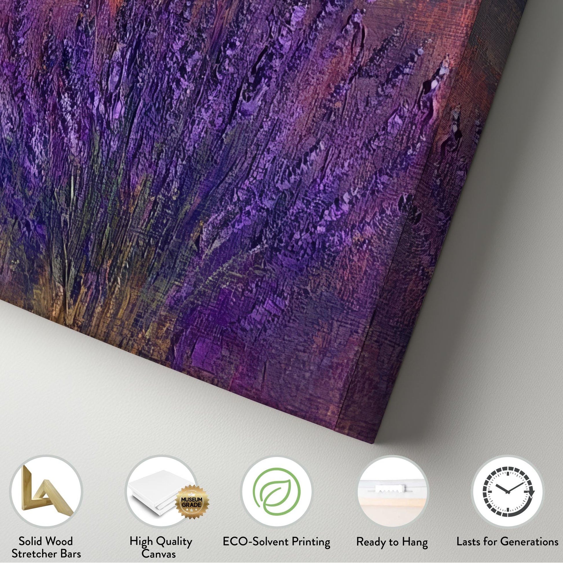 Sunset Lavender Field Canvas Art | Impasto Print | Bohemian Wall Art For Living Room | Burnished Gold Art | Tranquil Decor Square Canvas Art