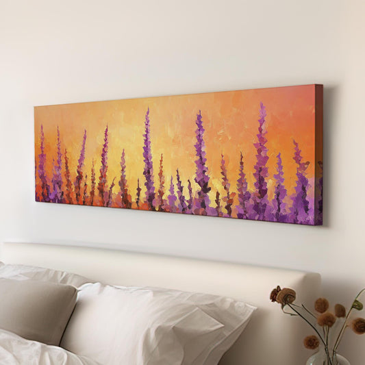 Sunset Lavender Field Canvas Art | Impasto Palette Knife Print | Bohemian Modern Wall Art For Living Room Panoramic Wall Art