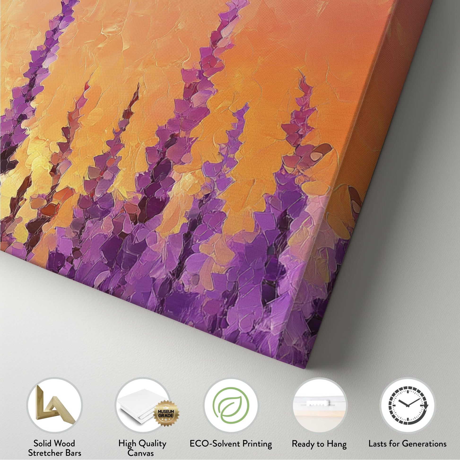 Sunset Lavender Field Canvas Art | Impasto Palette Knife Print | Bohemian Modern Wall Art For Living Room Panoramic Wall Art