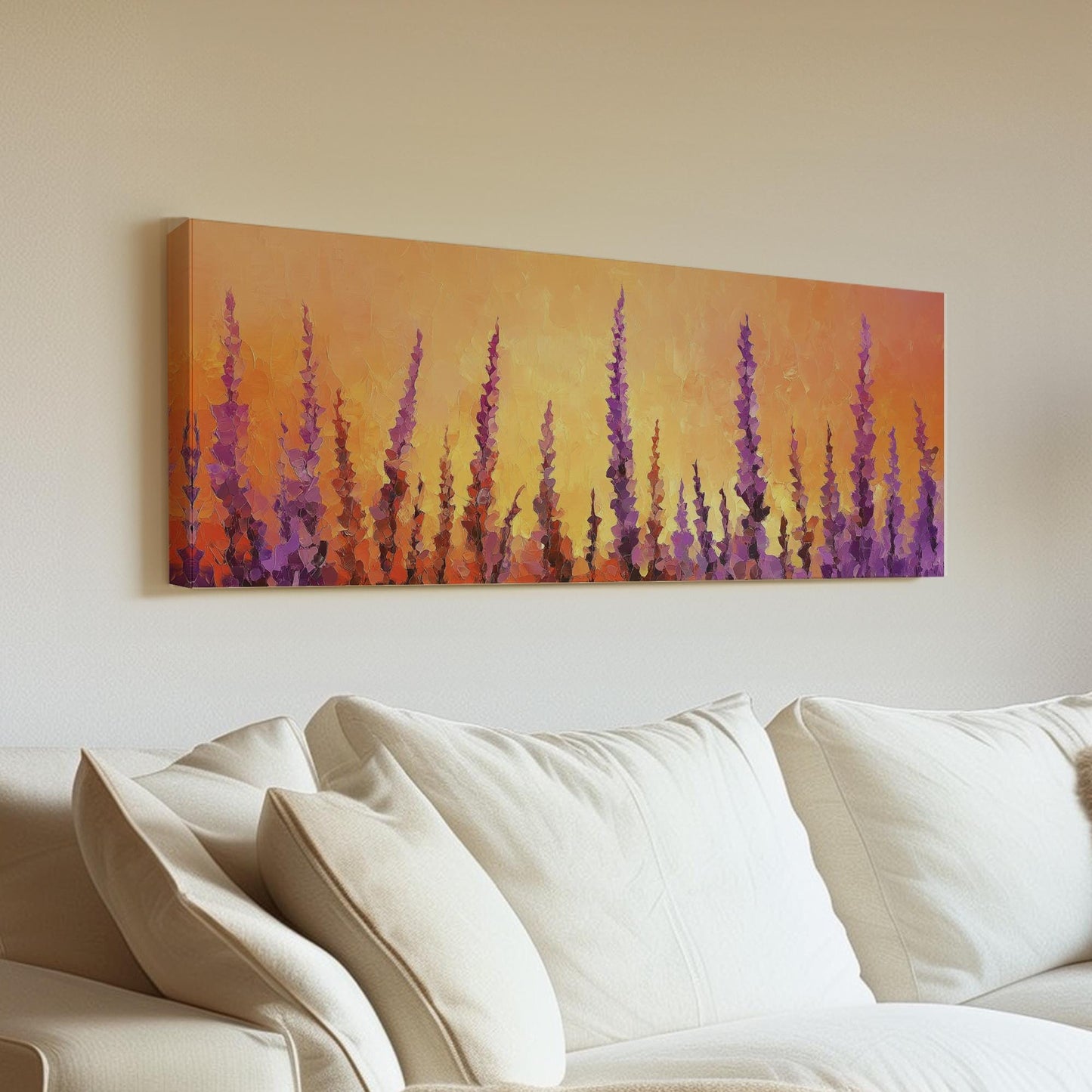 Sunset Lavender Field Canvas Art | Impasto Palette Knife Print | Bohemian Modern Wall Art For Living Room Panoramic Wall Art