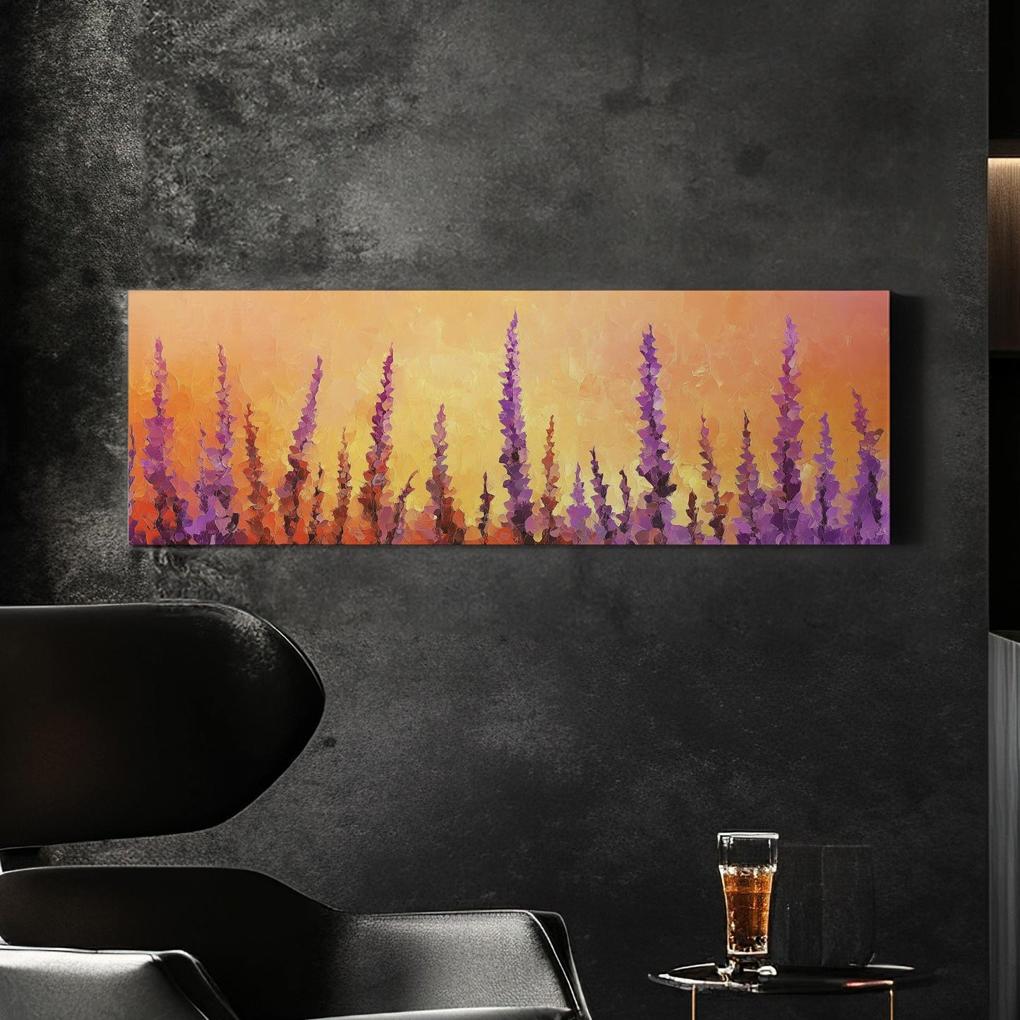 Sunset Lavender Field Canvas Art | Impasto Palette Knife Print | Bohemian Modern Wall Art For Living Room Panoramic Wall Art
