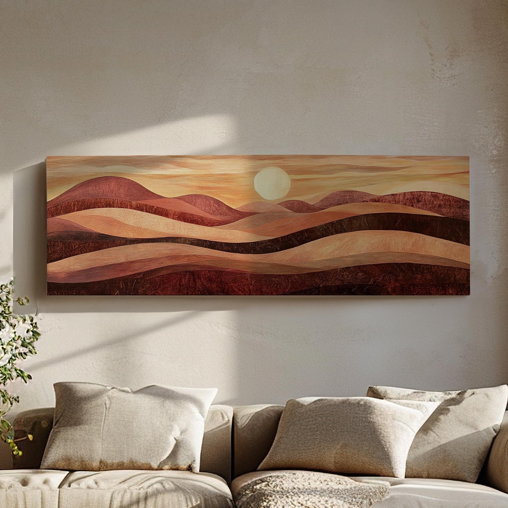 Sunset Hues Canvas Art | Impasto Print | Biophilic Wall Art For Living Room | Terracotta Bronze Art Panoramic Wall Art