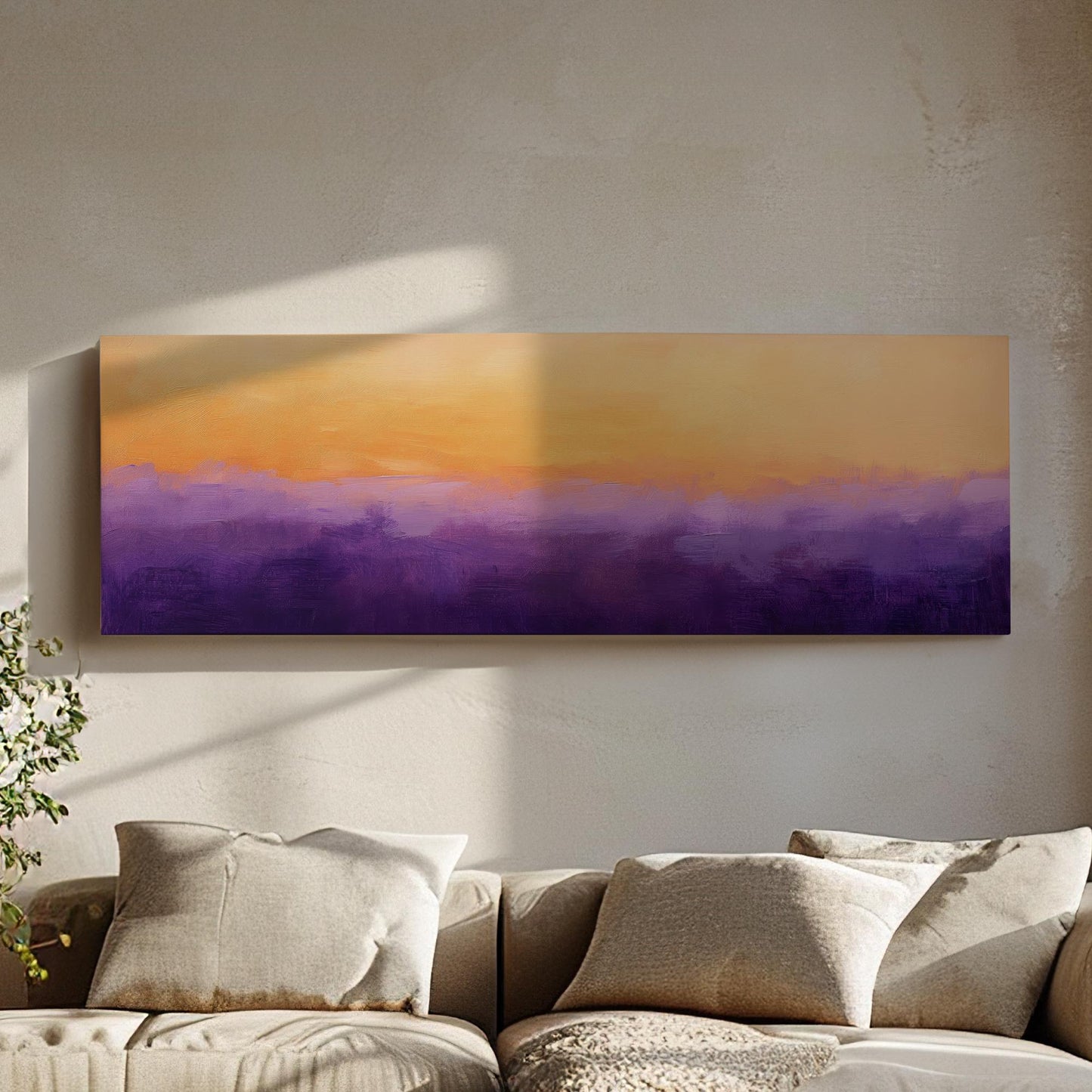 Sunset Hues Canvas Art | Impasto Palette Knife Print | Bohemian Wall Art For Living Room | Apricot and Amethyst Art Panoramic Wall Art