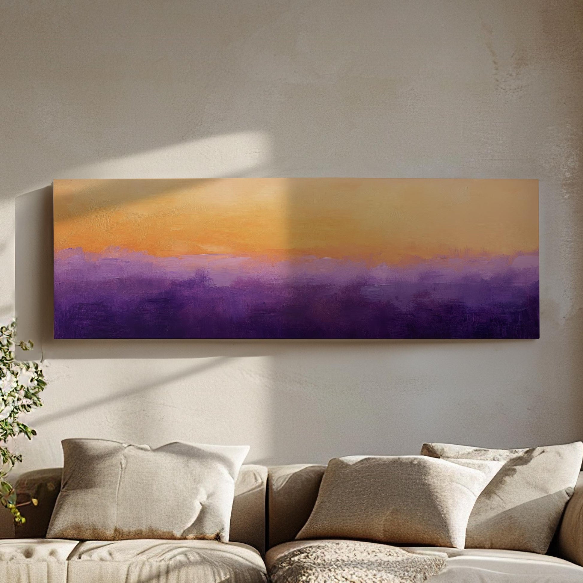 Sunset Hues Canvas Art | Impasto Palette Knife Print | Bohemian Wall Art For Living Room | Apricot and Amethyst Art Panoramic Wall Art