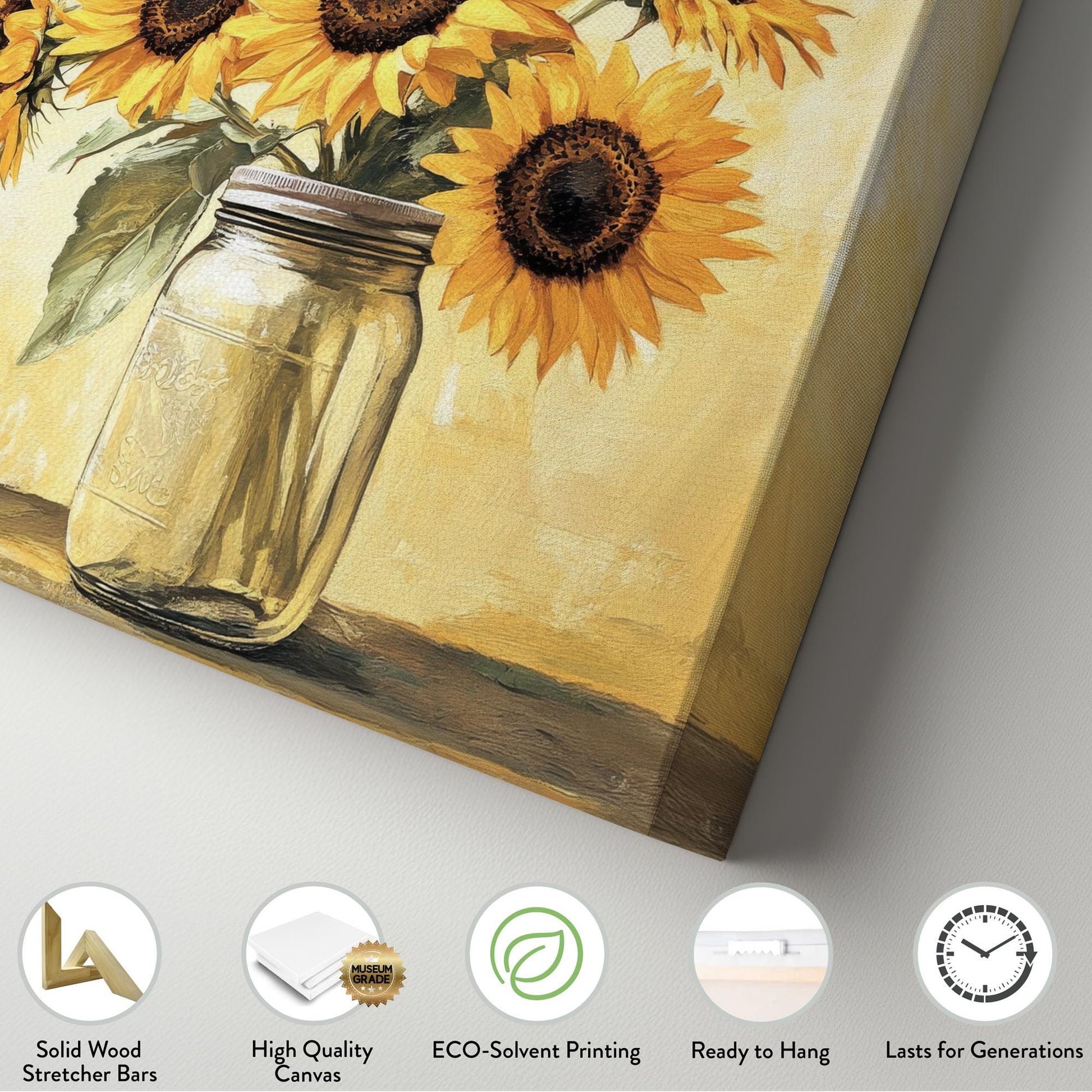Sunflowers in Mason Jar Canvas Art | Impasto Oil Print | French Country Wall Art For Living Room | Honeycomb Yellow Art Horizontal Art
