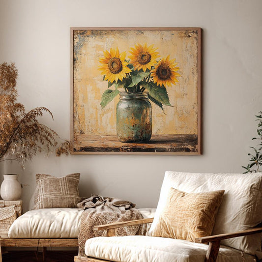 Sunflowers in Mason Jar Canvas Art | Impasto Oil Print | French Country Wall Art For Dining Room | Sage Green Art Square Canvas Art