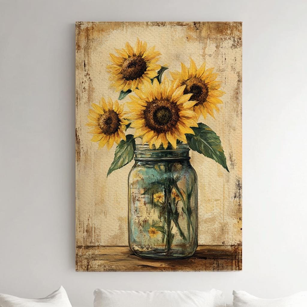 Sunflowers in Mason Jar Canvas Art | Impasto Oil Print | Bohemian Farmhouse Wall Art For Living Room | Honeycomb Wheat Art Vertical Canvas