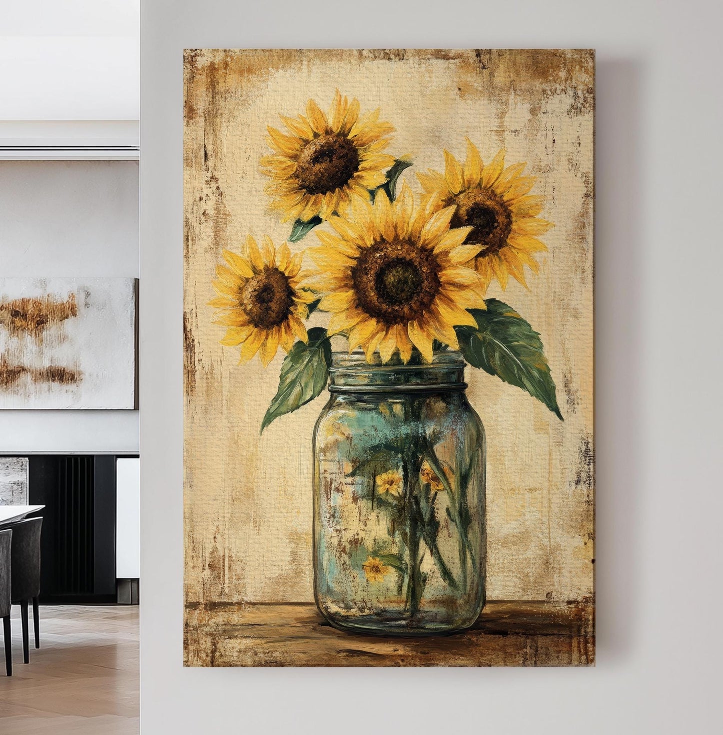 Sunflowers in Mason Jar Canvas Art | Impasto Oil Print | Bohemian Farmhouse Wall Art For Living Room | Honeycomb Wheat Art Vertical Canvas