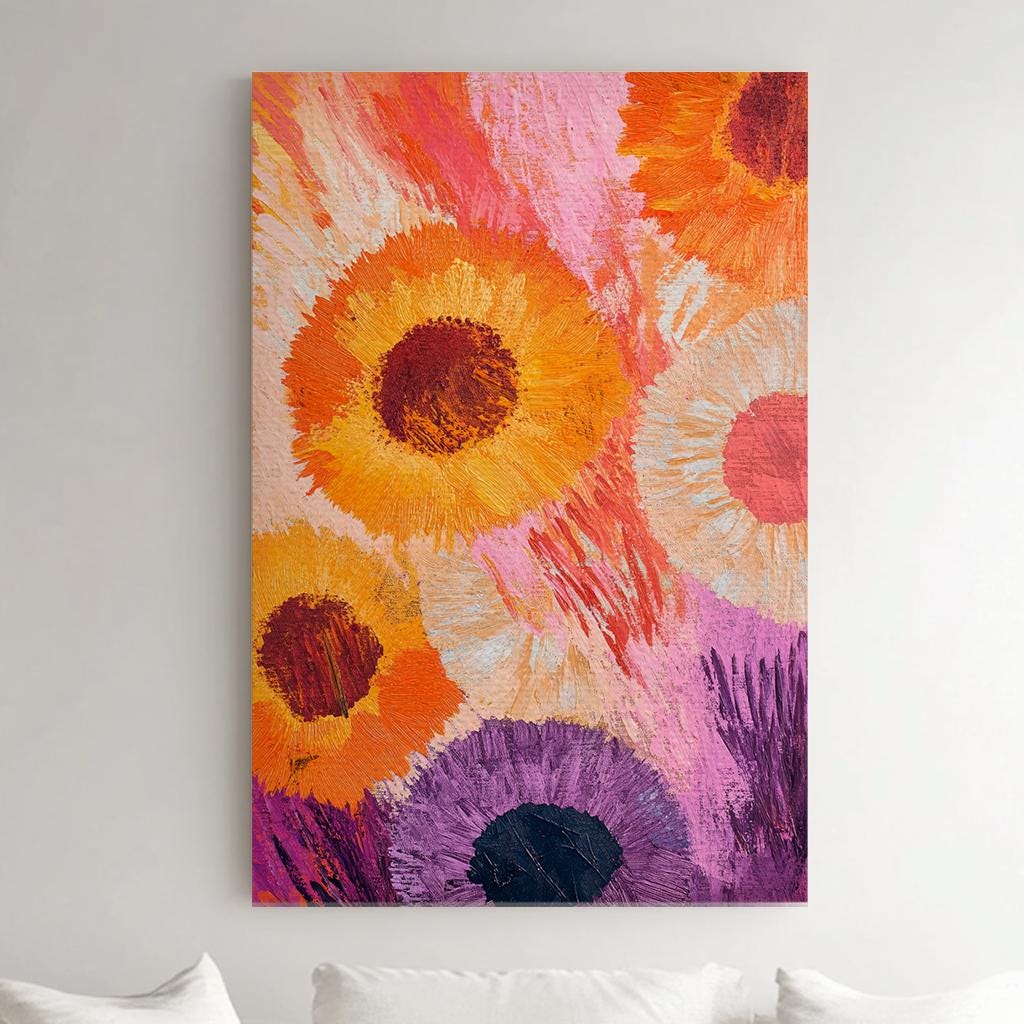 Sunflowers Asters Impasto Canvas Art | Textural Floral Print | Bohemian Maximalist Wall Art For Living Room Vertical Canvas