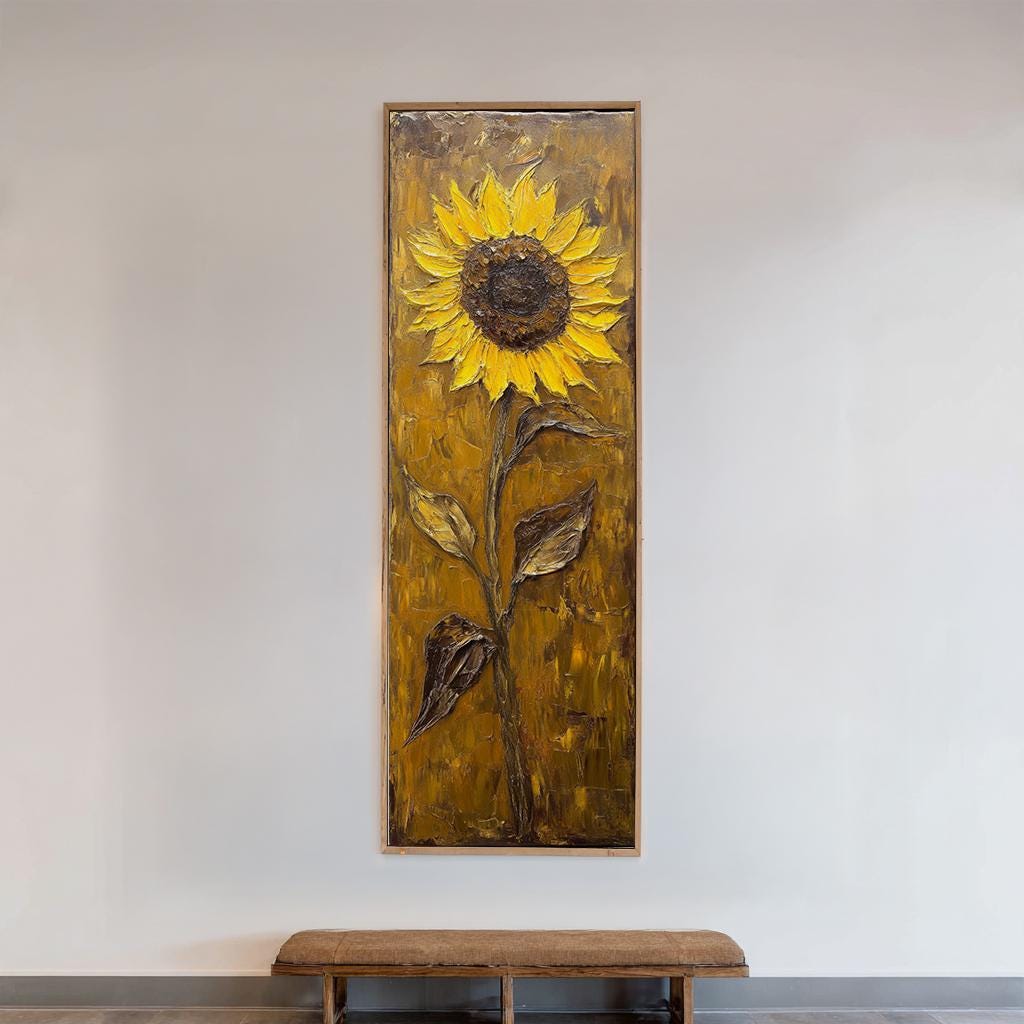 Sunflower Impasto Canvas Art | Textural Oil Print | Bohemian Maximalist Wall Art For Living Room | Golden Hour Ochre Art Long Vertical Art