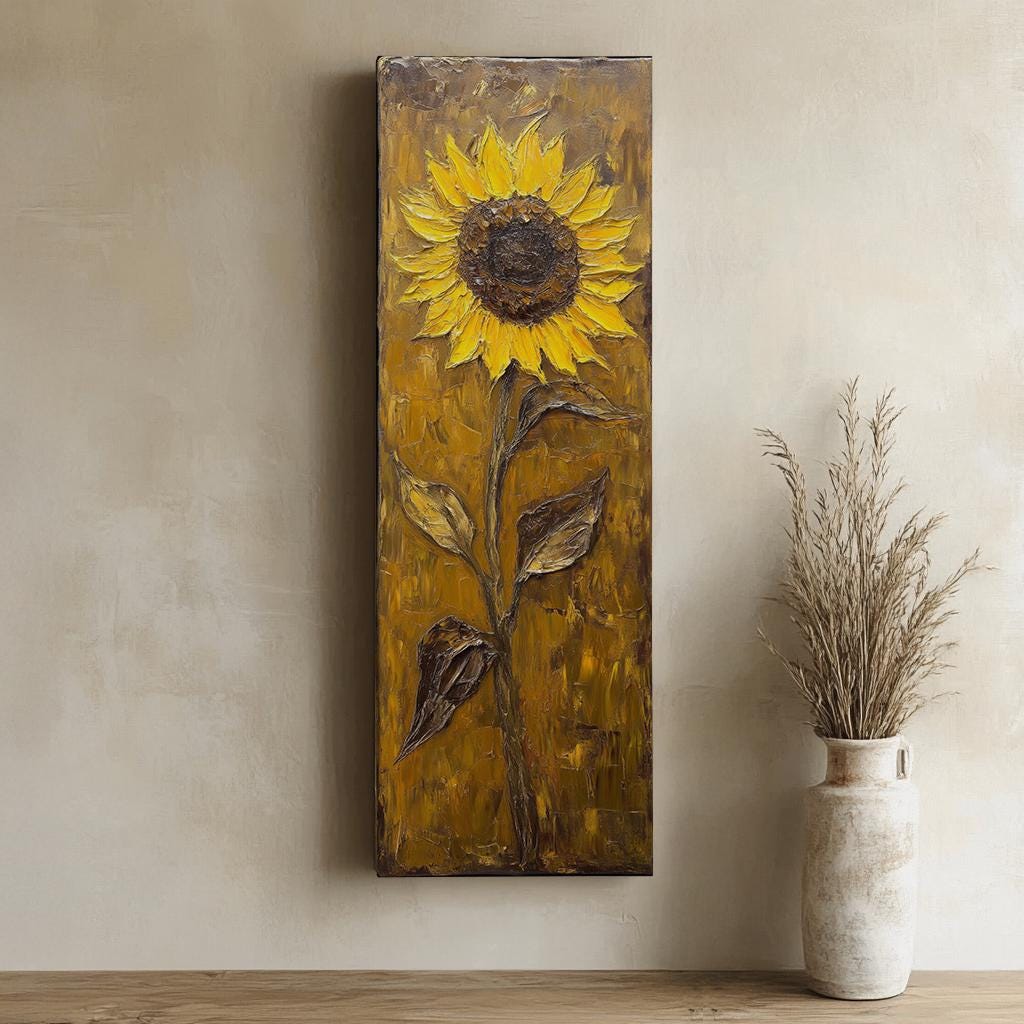 Sunflower Impasto Canvas Art | Textural Oil Print | Bohemian Maximalist Wall Art For Living Room | Golden Hour Ochre Art Long Vertical Art