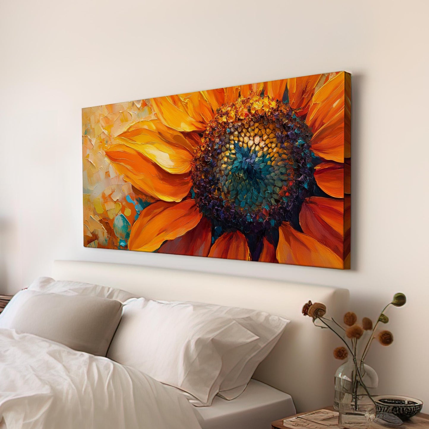 Sunflower Impasto Canvas Art | Palette Knife Print | Bohemian Wall Art For Living Room | Burnt Orange Teal Art Horizontal Art