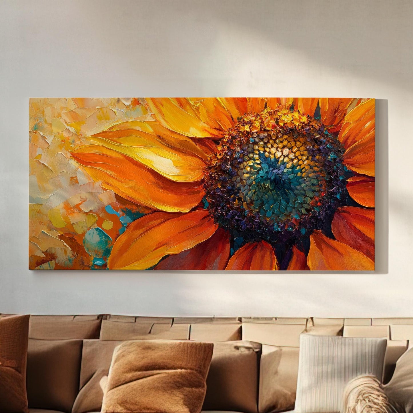 Sunflower Impasto Canvas Art | Palette Knife Print | Bohemian Wall Art For Living Room | Burnt Orange Teal Art Horizontal Art