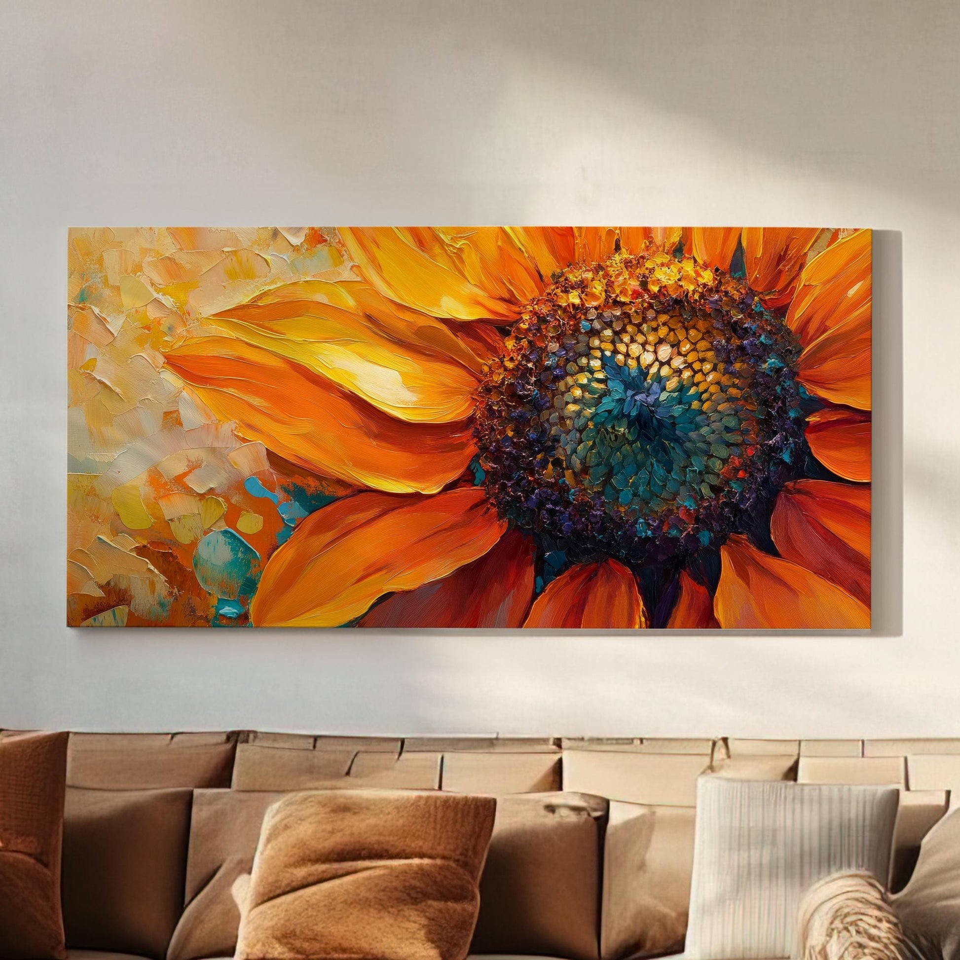 Sunflower Impasto Canvas Art | Palette Knife Print | Bohemian Wall Art For Living Room | Burnt Orange Teal Art Horizontal Art