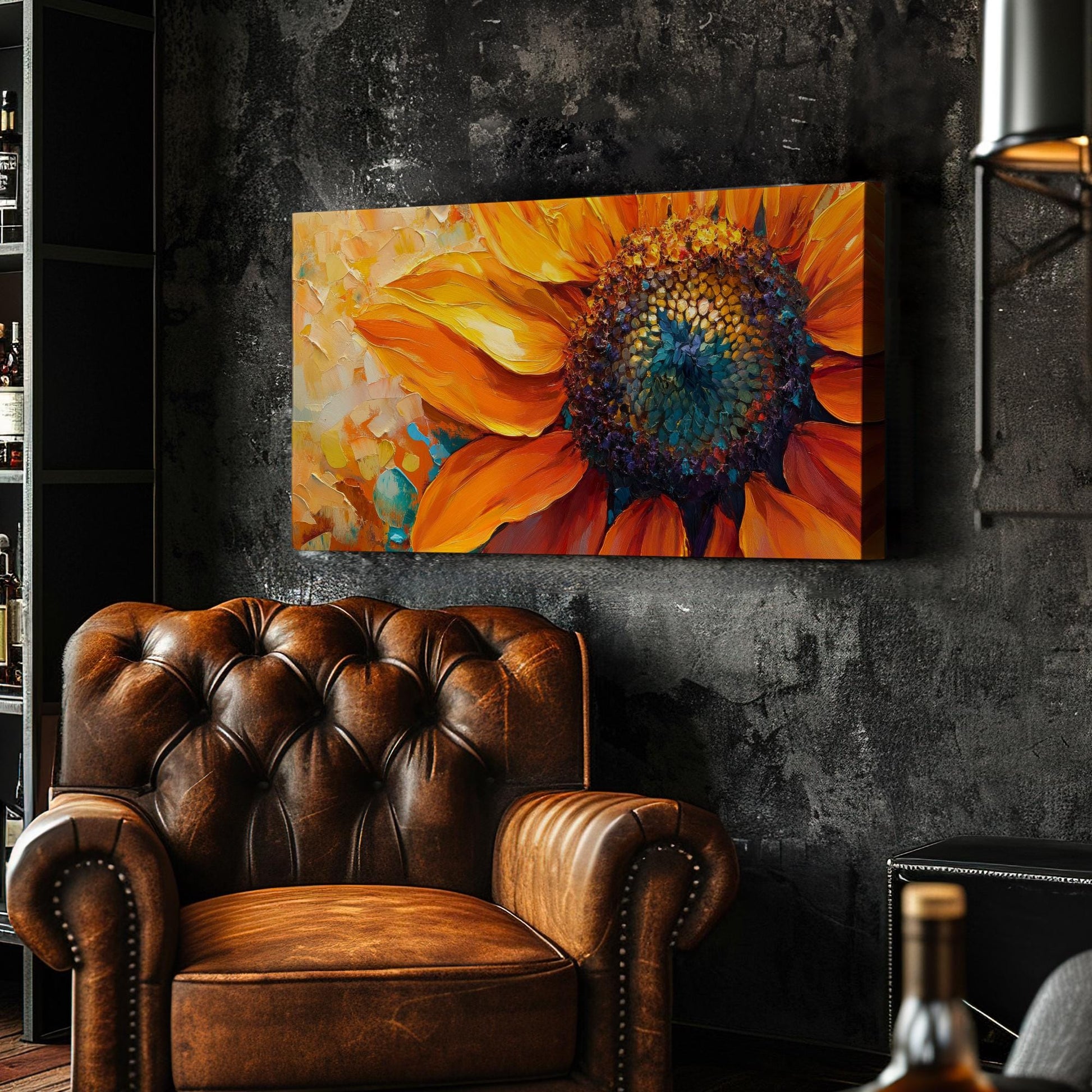 Sunflower Impasto Canvas Art | Palette Knife Print | Bohemian Wall Art For Living Room | Burnt Orange Teal Art Horizontal Art