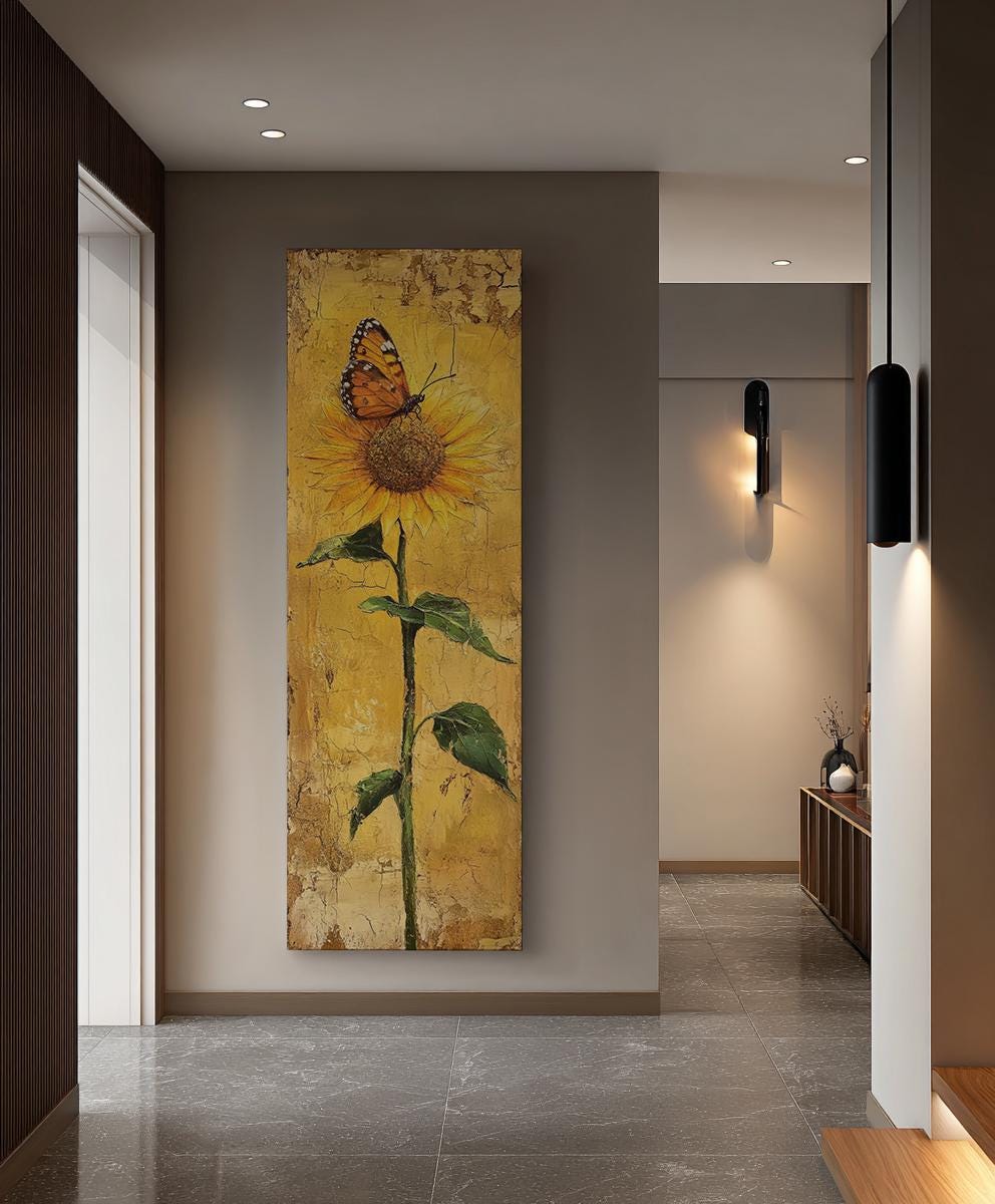 Sunflower and Butterfly Canvas Art | Impasto Print | Bohemian Wall Art For Living Room | Honeycomb Yellow Art Long Vertical Art
