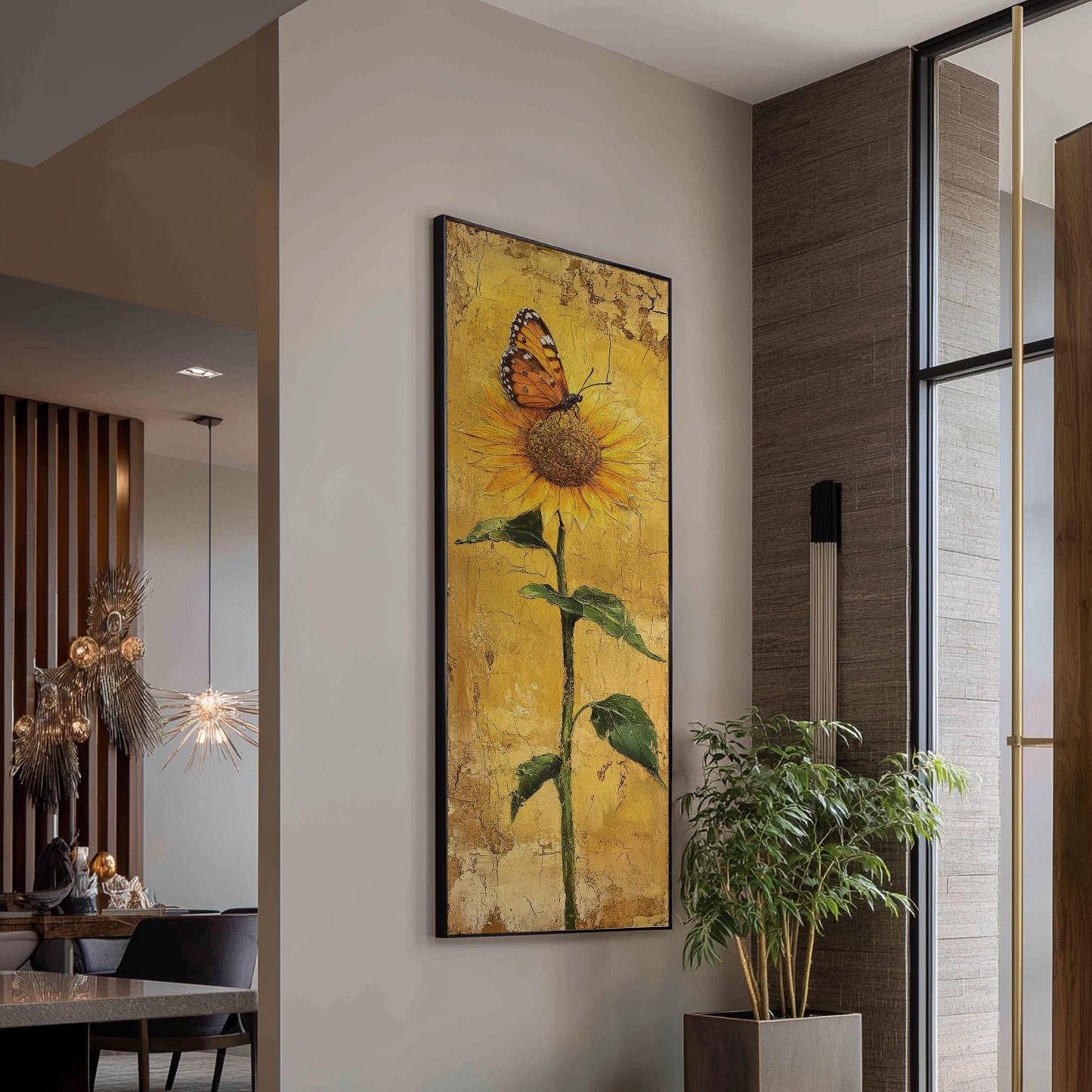 Sunflower and Butterfly Canvas Art | Impasto Print | Bohemian Wall Art For Living Room | Honeycomb Yellow Art Long Vertical Art