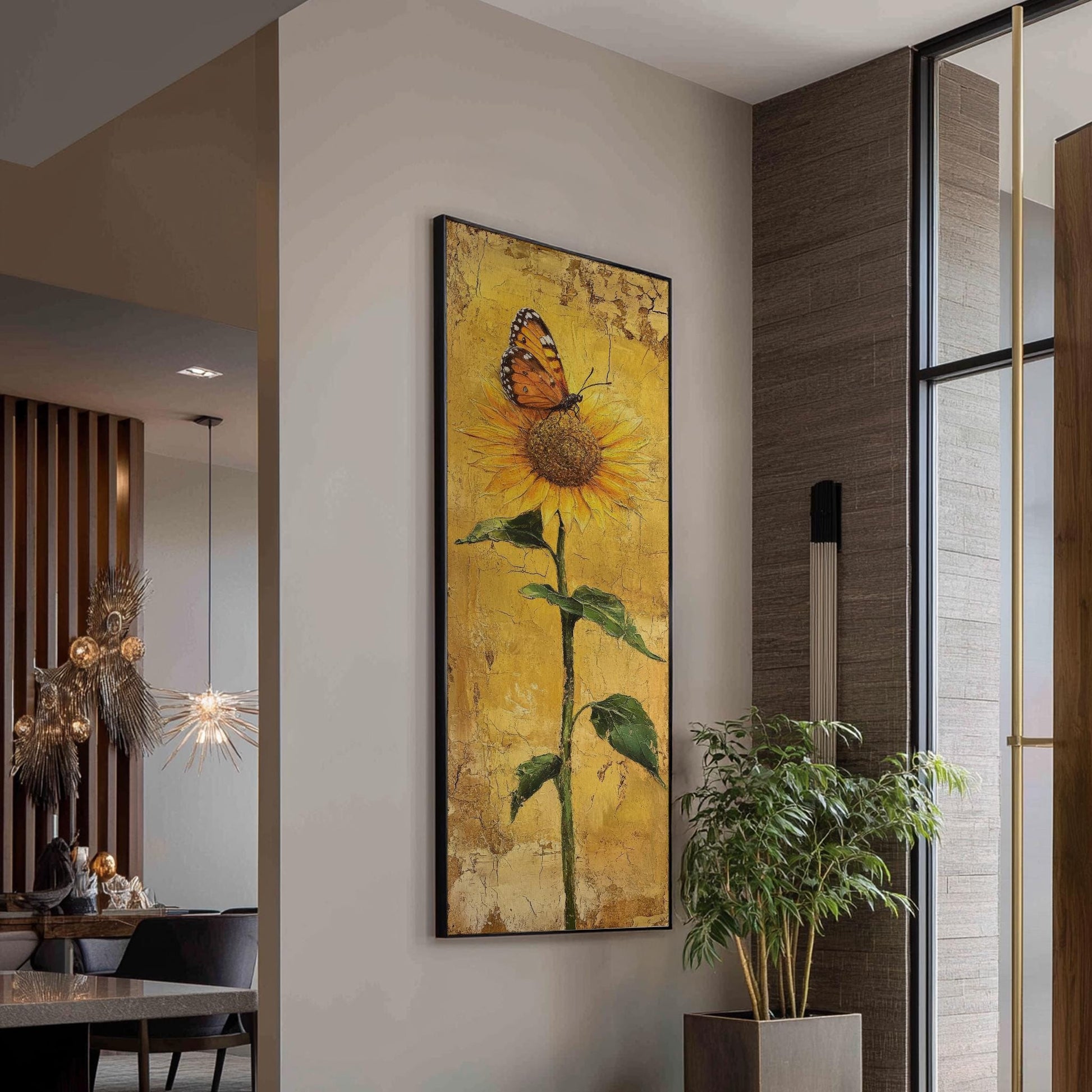 Sunflower and Butterfly Canvas Art | Impasto Print | Bohemian Wall Art For Living Room | Honeycomb Yellow Art Long Vertical Art