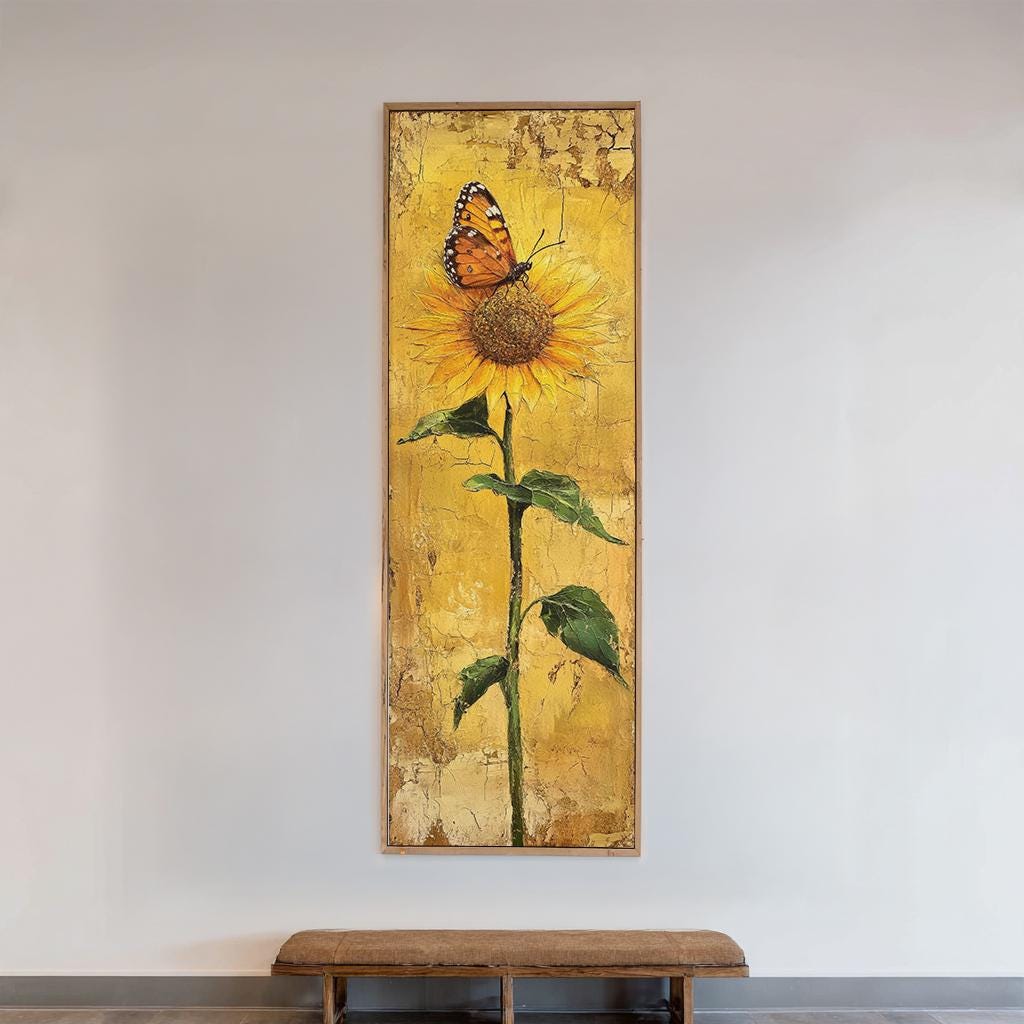 Sunflower and Butterfly Canvas Art | Impasto Print | Bohemian Wall Art For Living Room | Honeycomb Yellow Art Long Vertical Art