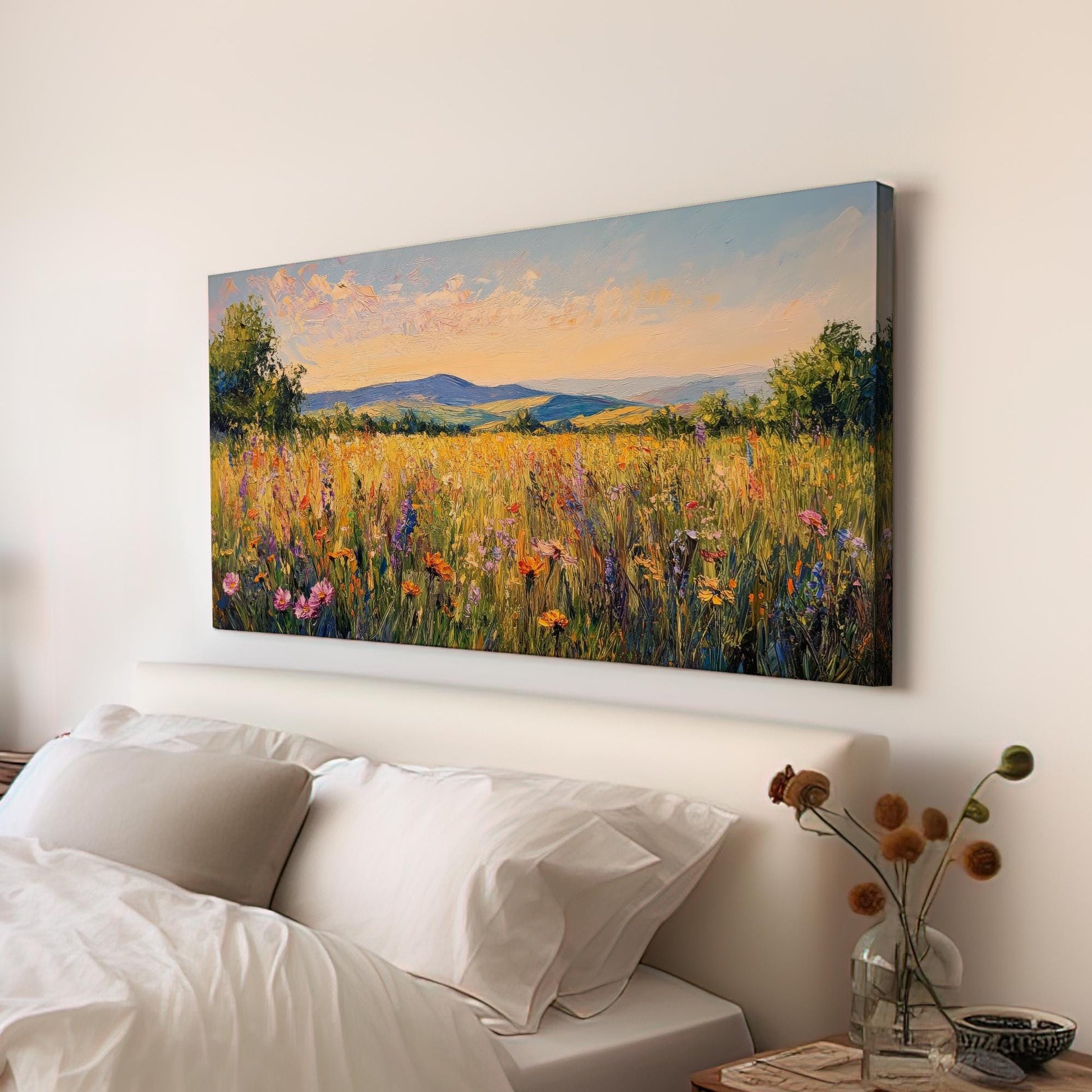 Summer Meadow Impressionism Canvas Art | Palette Knife Impasto Print | Bohemian Farmhouse Wall Art For Living Room Horizontal Art