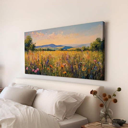Summer Meadow Impressionism Canvas Art | Palette Knife Impasto Print | Bohemian Farmhouse Wall Art For Living Room Horizontal Art