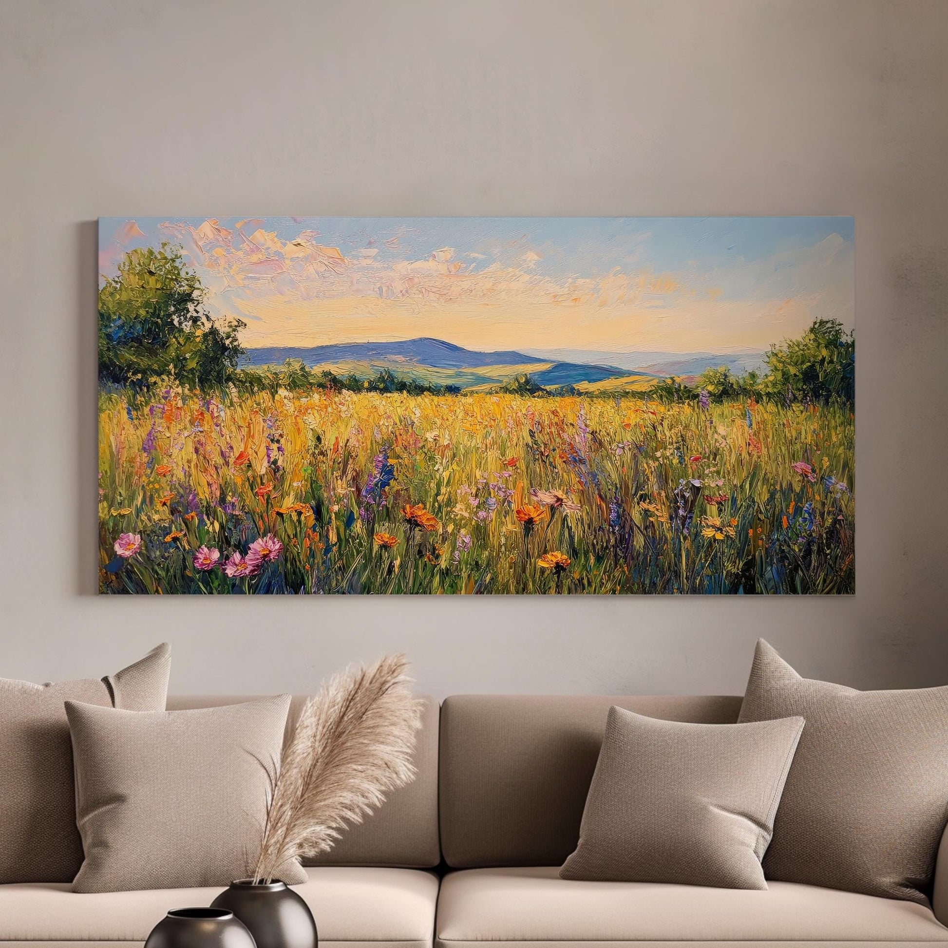 Summer Meadow Impressionism Canvas Art | Palette Knife Impasto Print | Bohemian Farmhouse Wall Art For Living Room Horizontal Art