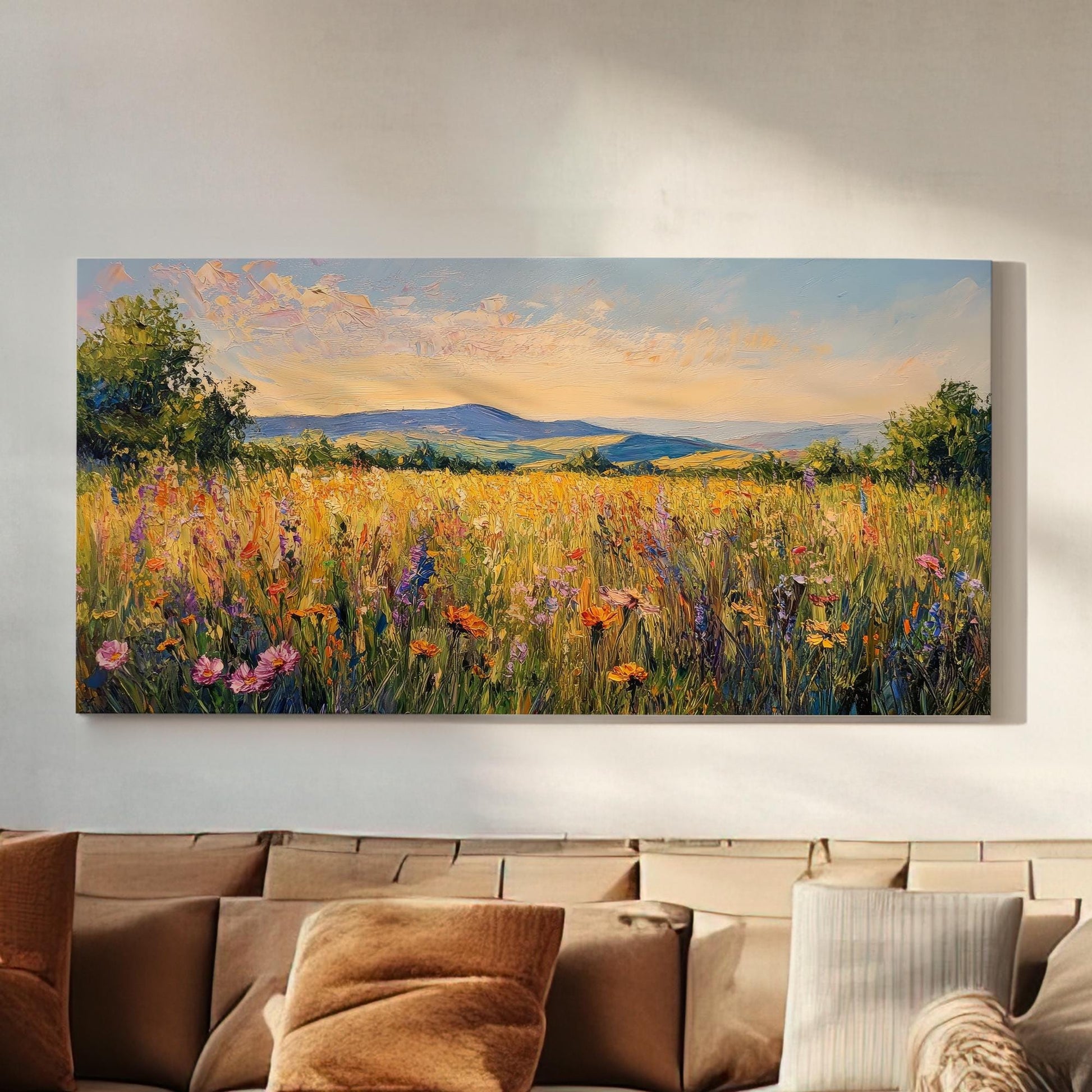 Summer Meadow Impressionism Canvas Art | Palette Knife Impasto Print | Bohemian Farmhouse Wall Art For Living Room Horizontal Art