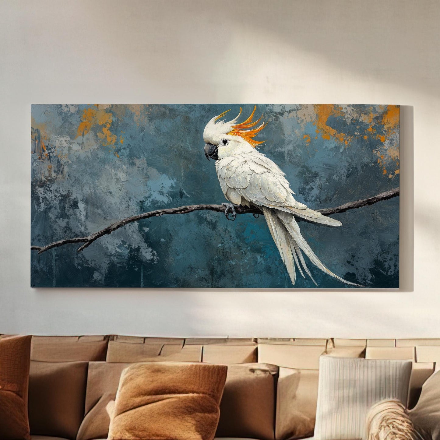 Sulphur Crested Cockatoo Canvas Art | Impasto Print | Bohemian Wall Art For Living Room | Stonewashed Blue Art Horizontal Art