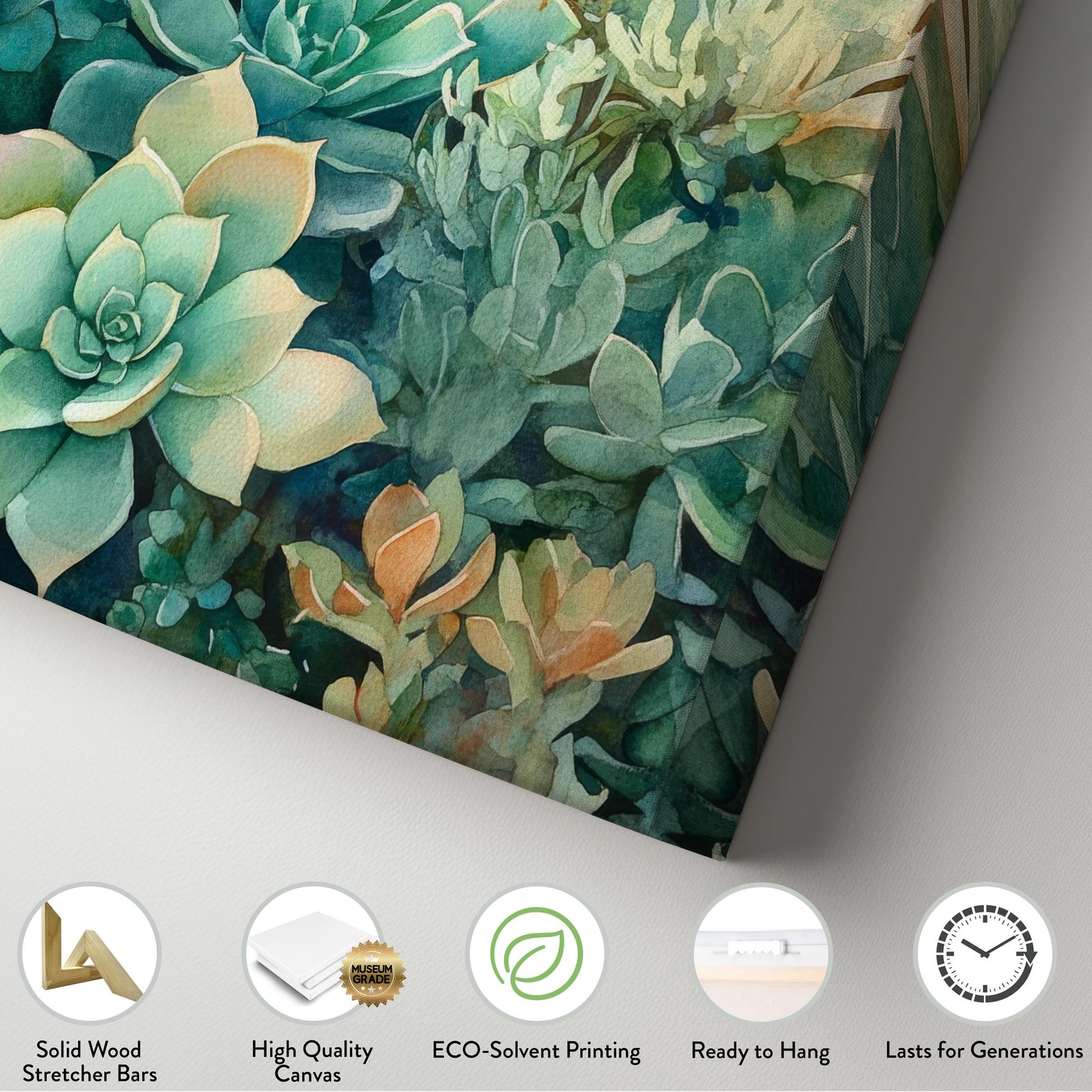 Succulent Botanical Canvas Art | Watercolor Botanical Print | Japandi Wall Art For Living Room | Jadeite Green Art Horizontal Art