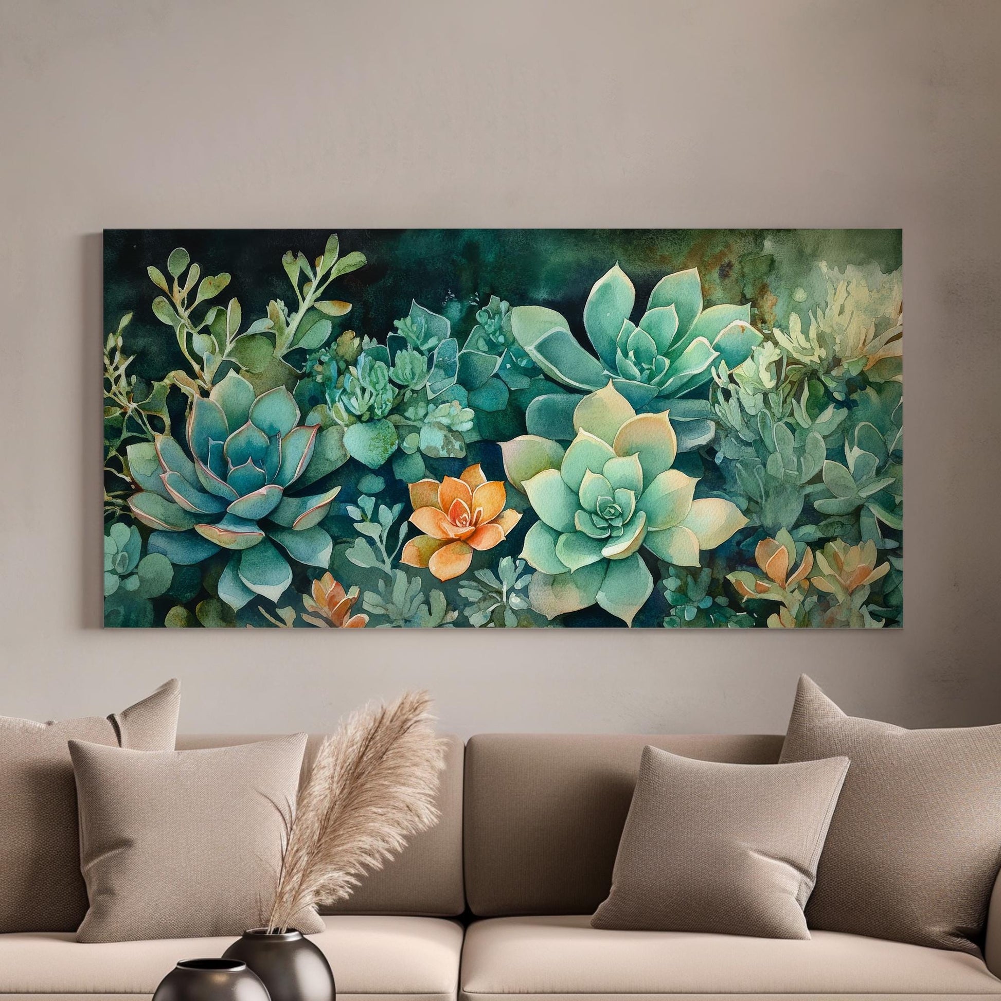 Succulent Botanical Canvas Art | Watercolor Botanical Print | Japandi Wall Art For Living Room | Jadeite Green Art Horizontal Art