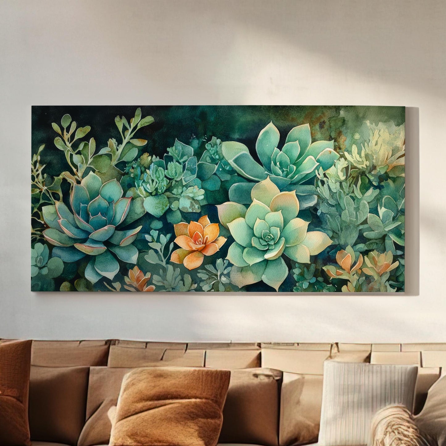 Succulent Botanical Canvas Art | Watercolor Botanical Print | Japandi Wall Art For Living Room | Jadeite Green Art Horizontal Art