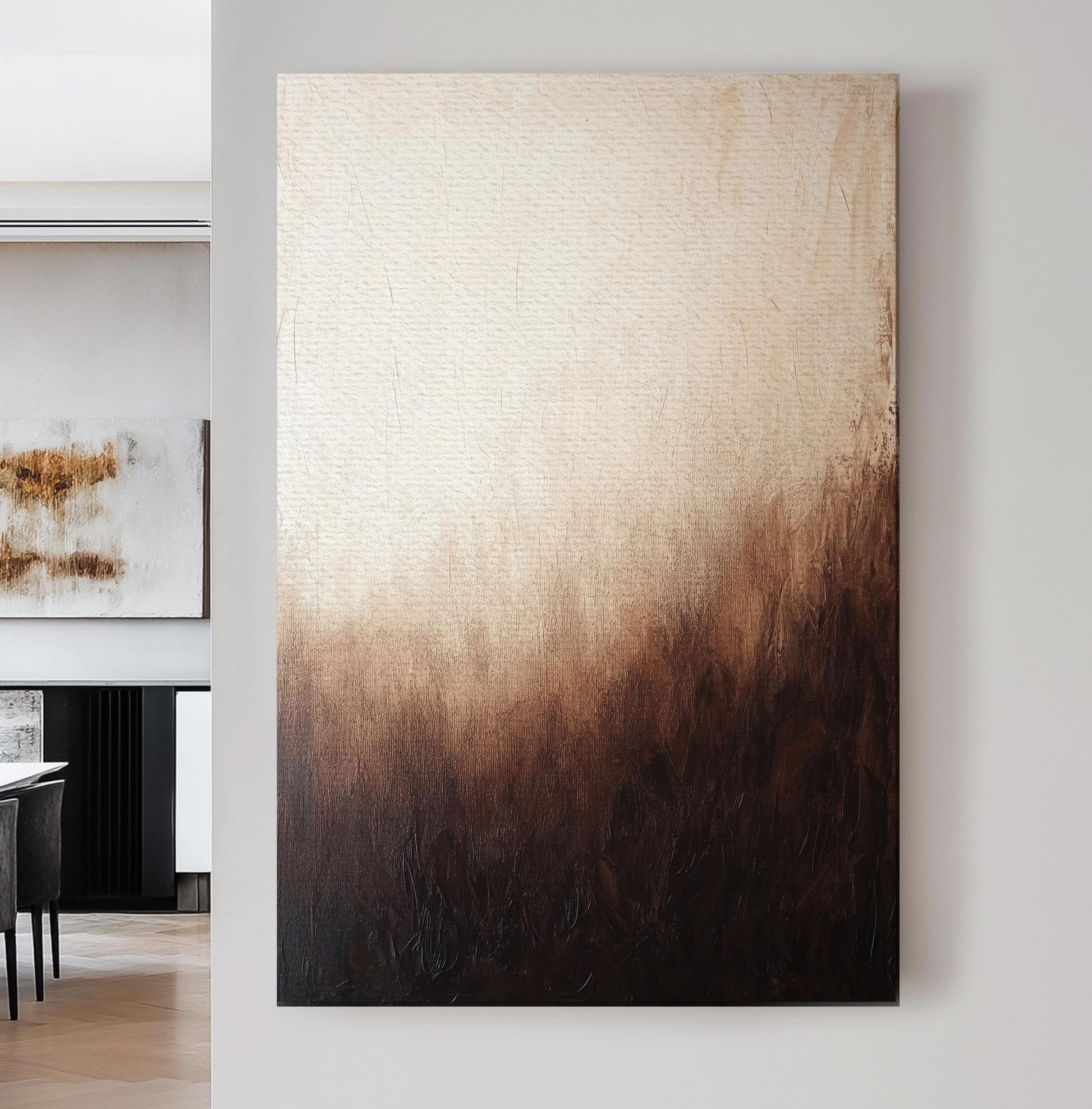Subtle Ombr Canvas Art | Impasto Textural Print | Biophilic Wall Art For Living Room | Warm Taupe Espresso Art Vertical Canvas