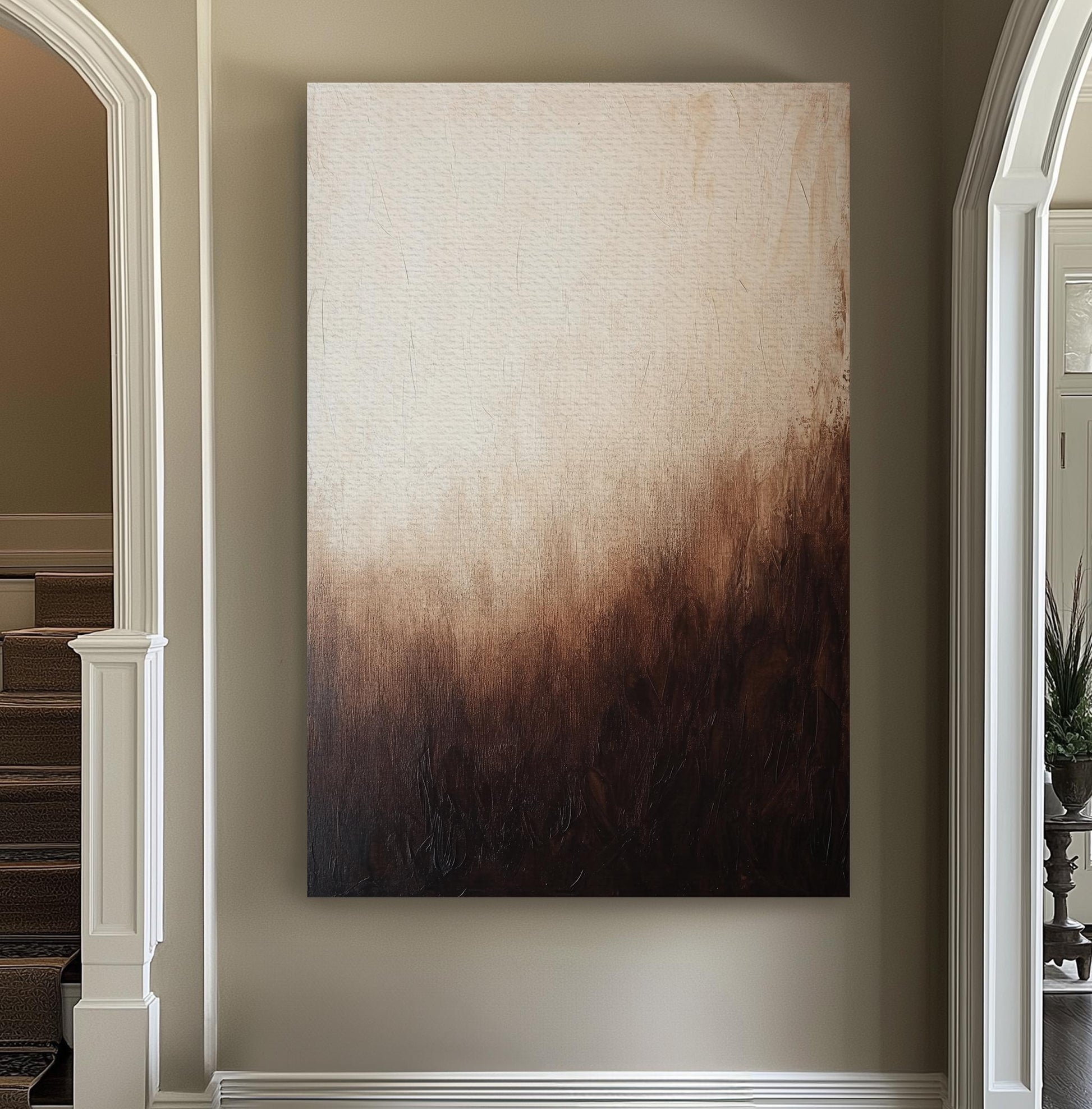 Subtle Ombr Canvas Art | Impasto Textural Print | Biophilic Wall Art For Living Room | Warm Taupe Espresso Art Vertical Canvas