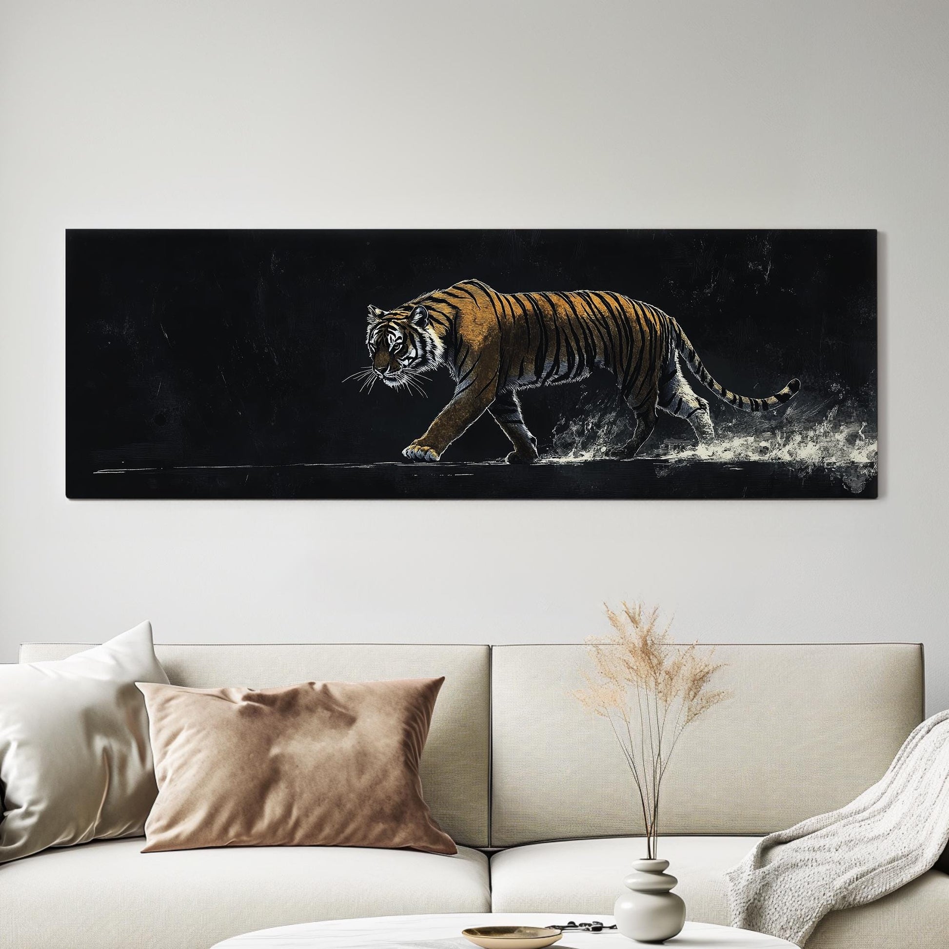 Striking Bengal Tiger Canvas Art | Scratchboard Print | Bohemian Wall Art For Living Room | Obsidian Amber Art Panoramic Wall Art