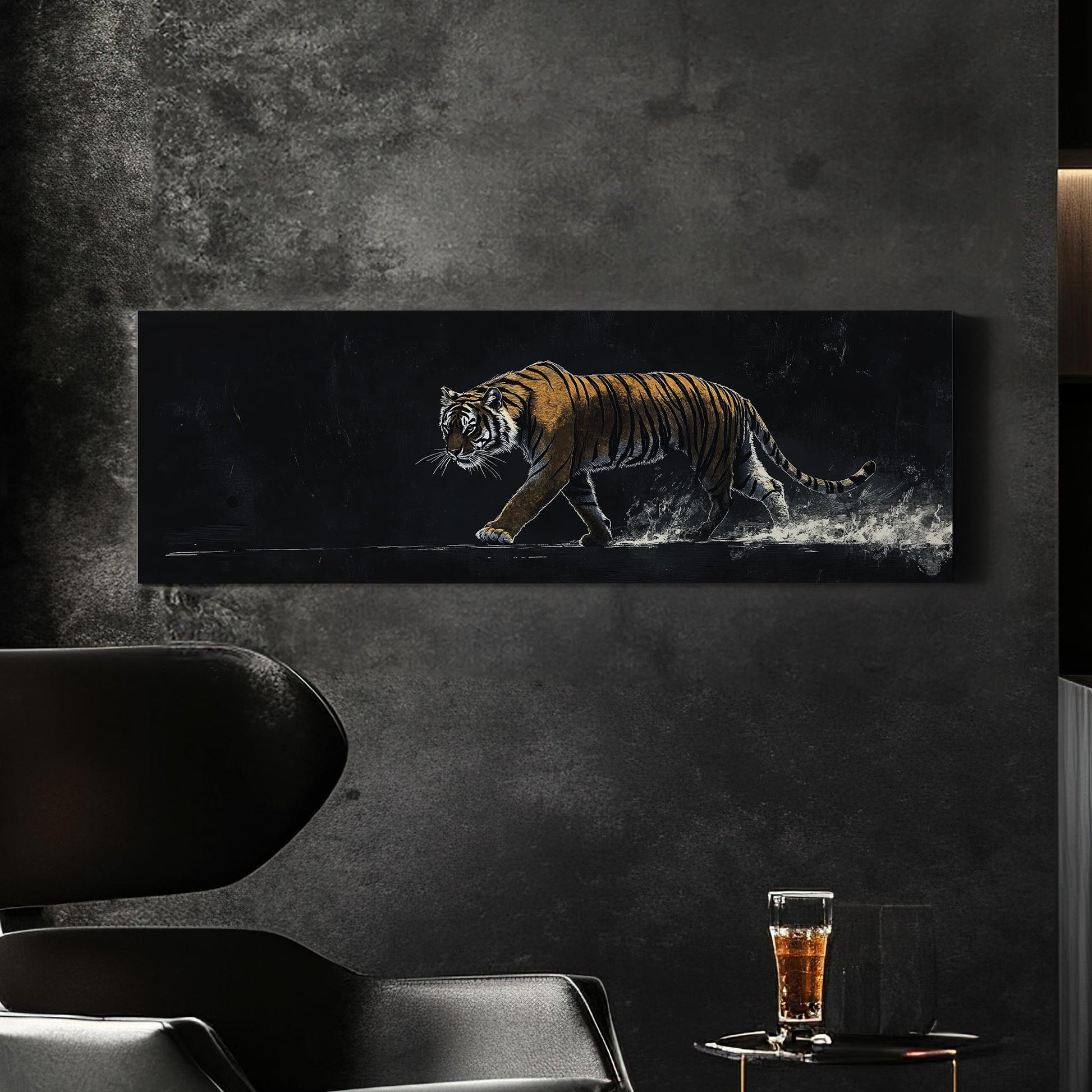 Striking Bengal Tiger Canvas Art | Scratchboard Print | Bohemian Wall Art For Living Room | Obsidian Amber Art Panoramic Wall Art