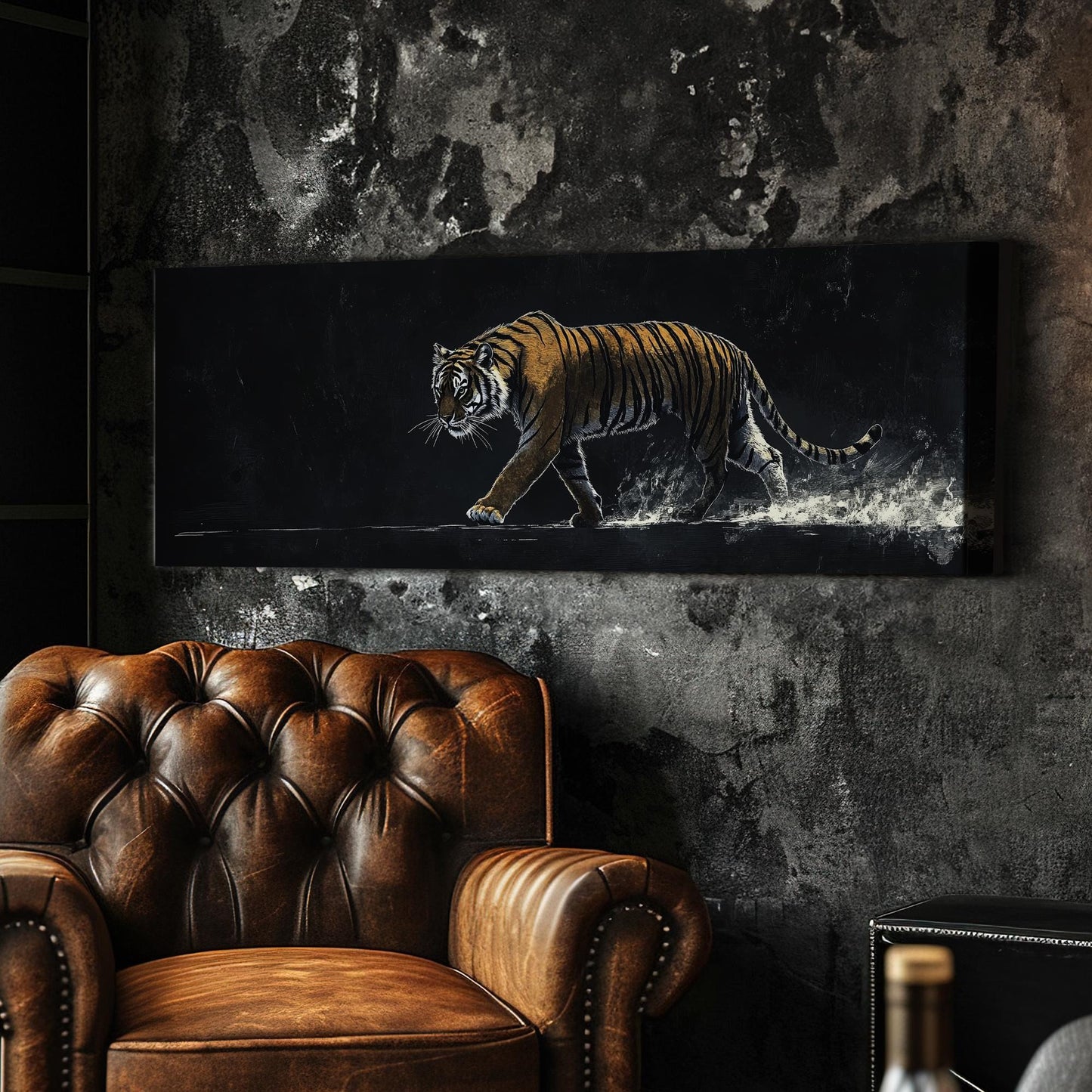 Striking Bengal Tiger Canvas Art | Scratchboard Print | Bohemian Wall Art For Living Room | Obsidian Amber Art Panoramic Wall Art
