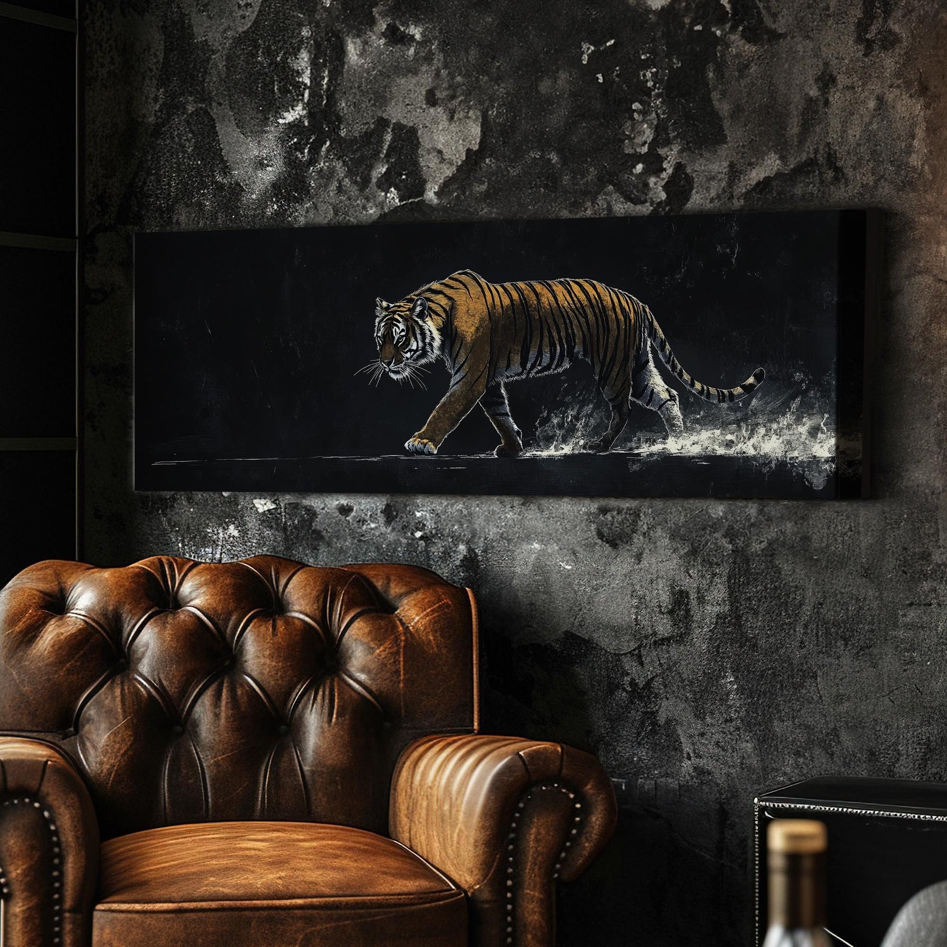 Striking Bengal Tiger Canvas Art | Scratchboard Print | Bohemian Wall Art For Living Room | Obsidian Amber Art Panoramic Wall Art