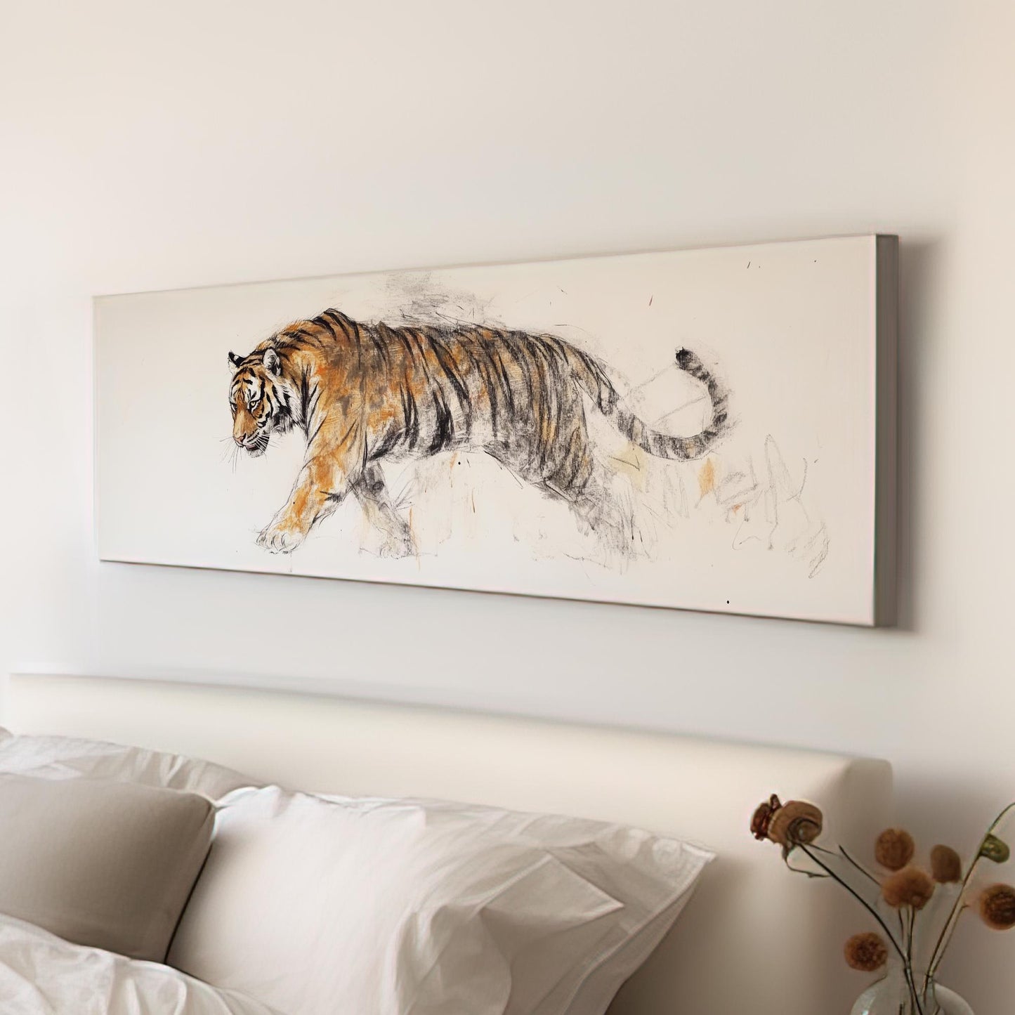 Striking Bengal Tiger Canvas Art | Charcoal Sepia Sketch Print | Bohemian Maximalist Wall Art For Living Room Panoramic Wall Art