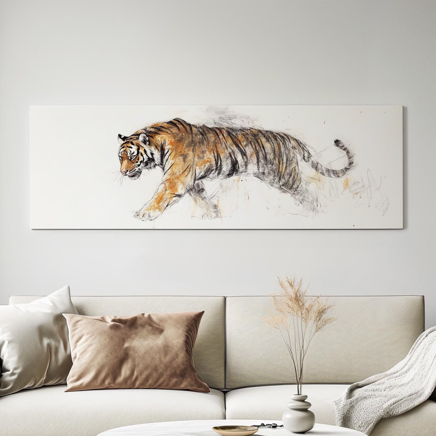 Striking Bengal Tiger Canvas Art | Charcoal Sepia Sketch Print | Bohemian Maximalist Wall Art For Living Room Panoramic Wall Art