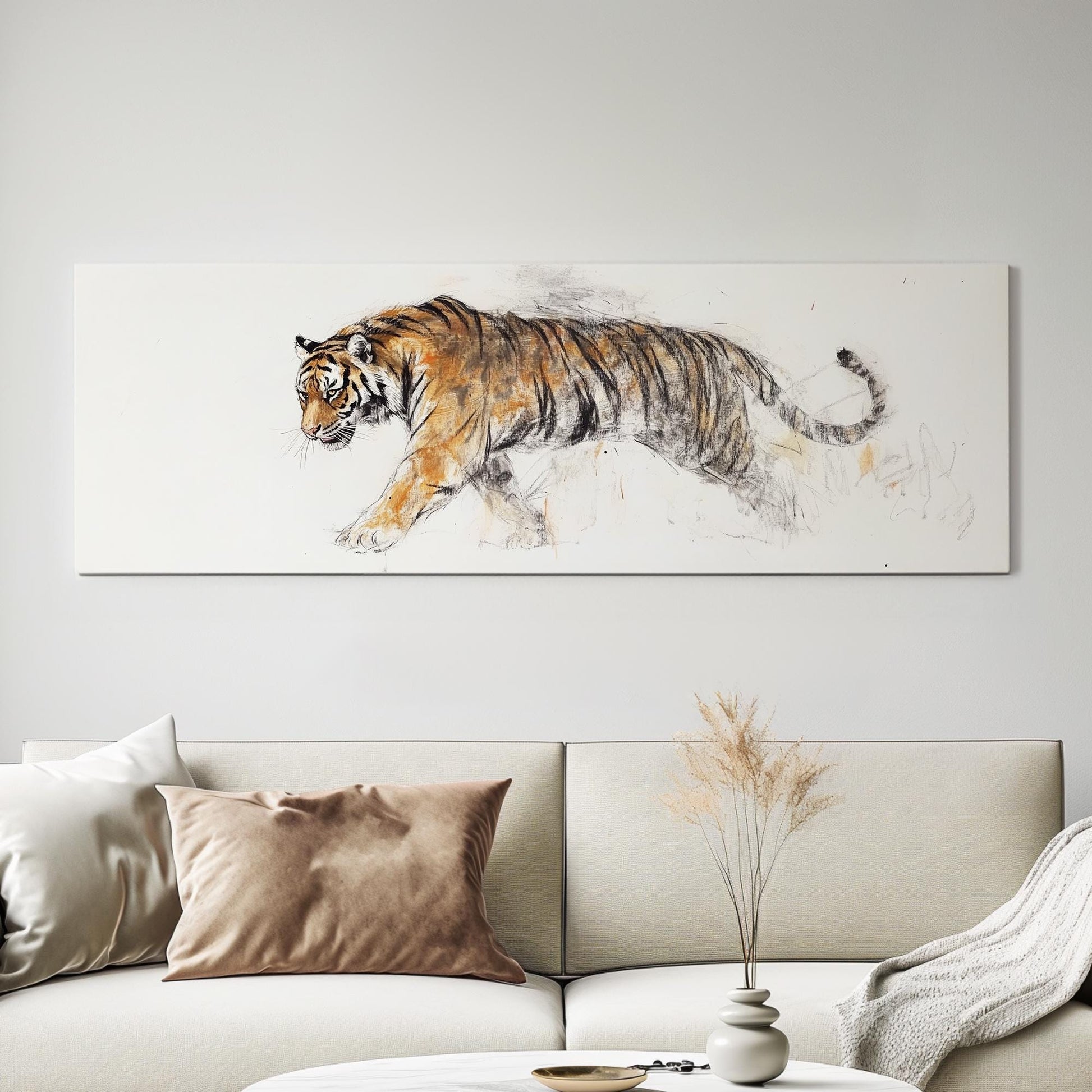 Striking Bengal Tiger Canvas Art | Charcoal Sepia Sketch Print | Bohemian Maximalist Wall Art For Living Room Panoramic Wall Art