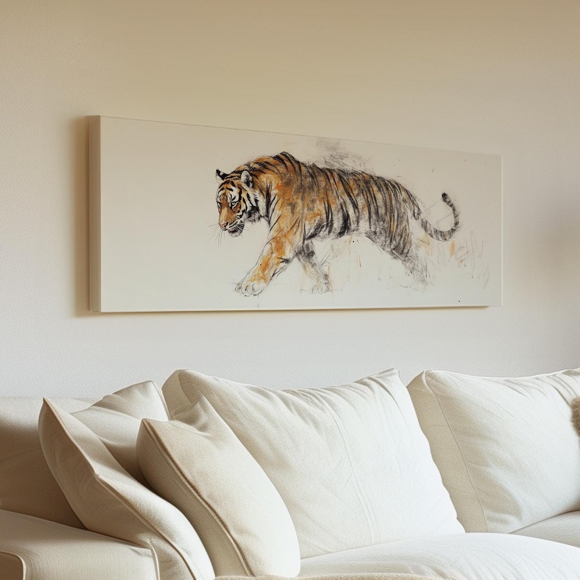 Striking Bengal Tiger Canvas Art | Charcoal Sepia Sketch Print | Bohemian Maximalist Wall Art For Living Room Panoramic Wall Art