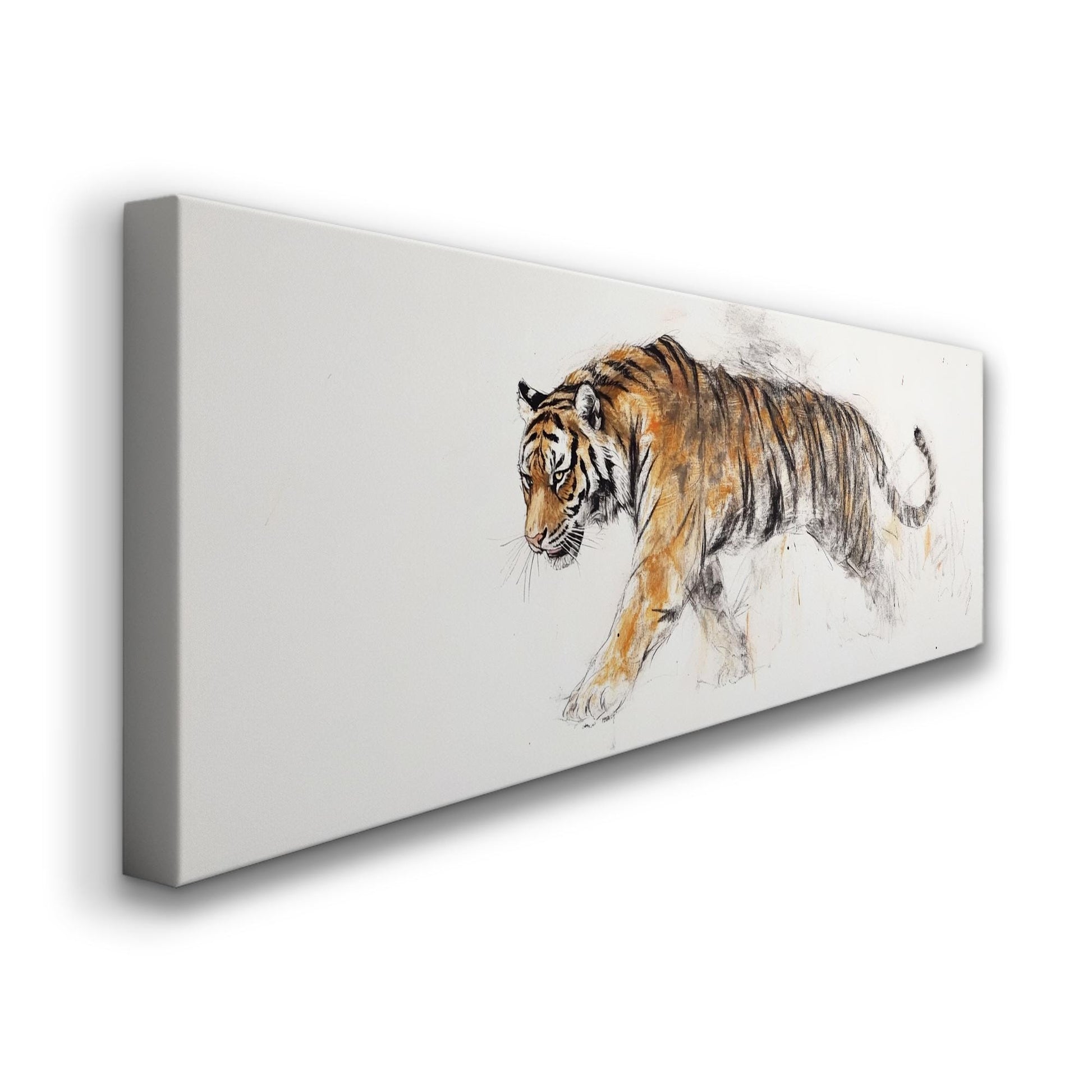 Striking Bengal Tiger Canvas Art | Charcoal Sepia Sketch Print | Bohemian Maximalist Wall Art For Living Room Panoramic Wall Art