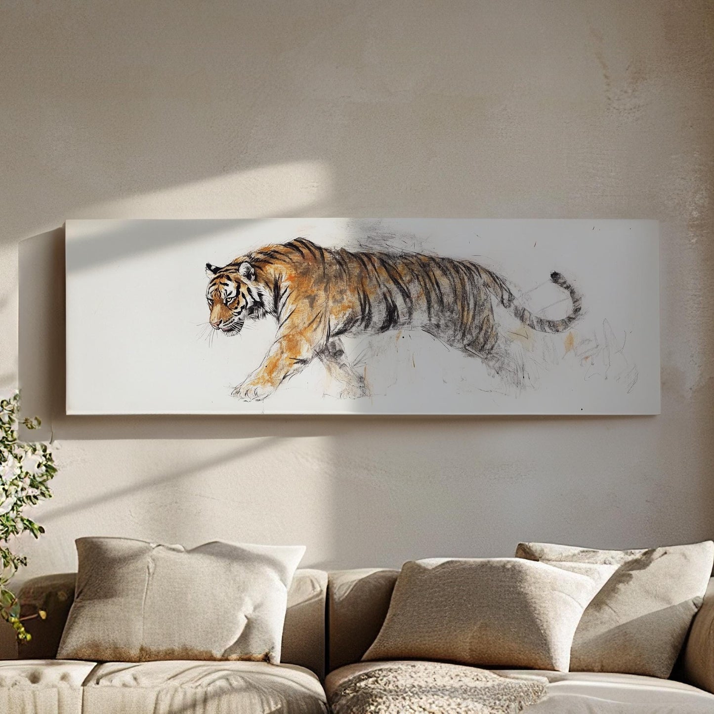 Striking Bengal Tiger Canvas Art | Charcoal Sepia Sketch Print | Bohemian Maximalist Wall Art For Living Room Panoramic Wall Art