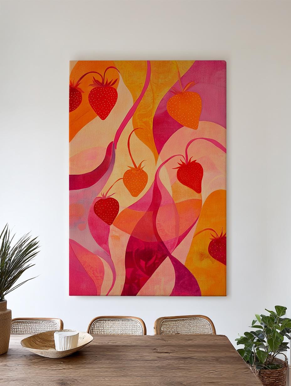 Strawberry Fields Forever Canvas Art | Abstract Expressionist Print | Biophilic Wall Art For Living Room | Sunset Blush Art Vertical Canvas