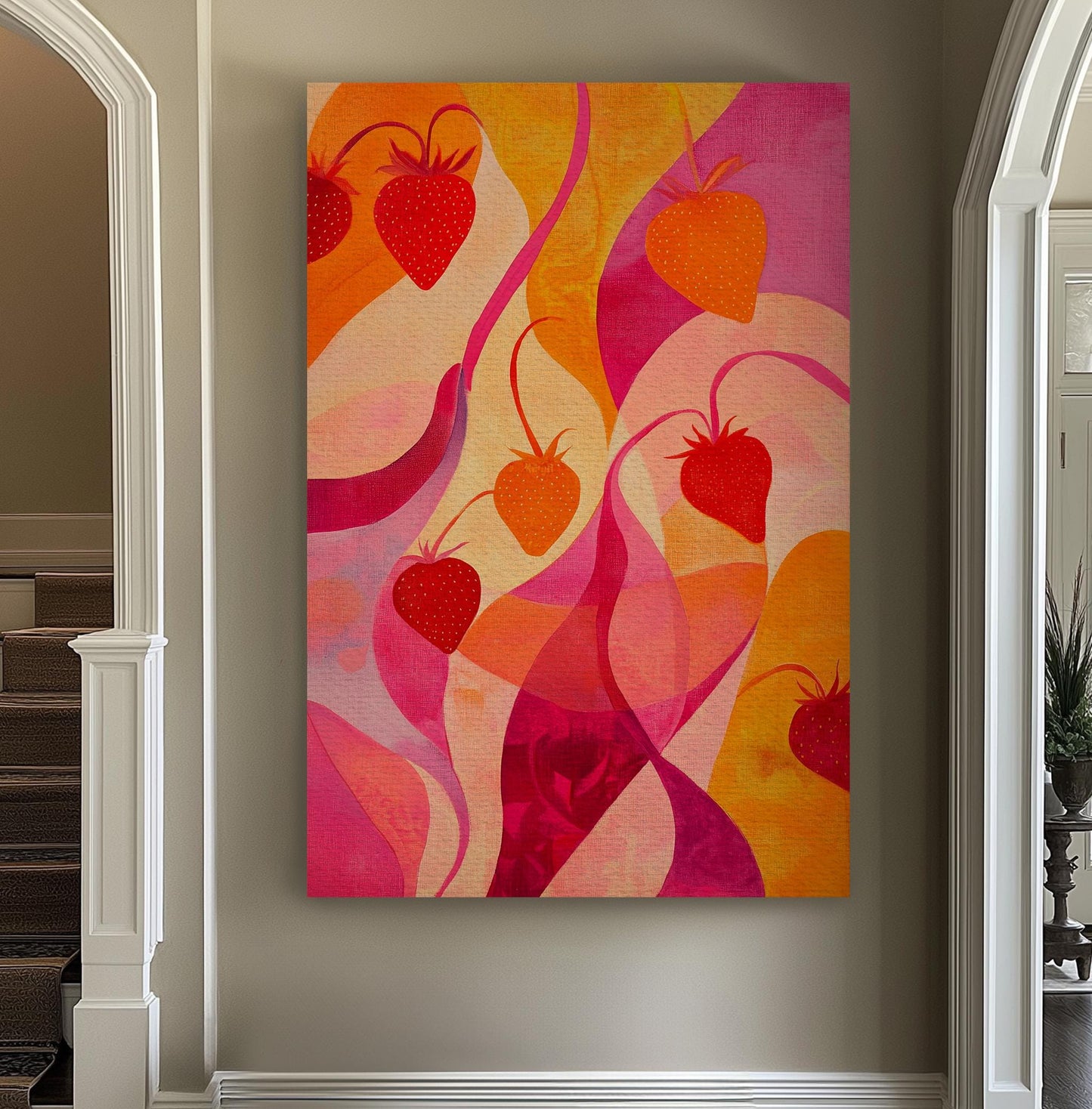 Strawberry Fields Forever Canvas Art | Abstract Expressionist Print | Biophilic Wall Art For Living Room | Sunset Blush Art Vertical Canvas