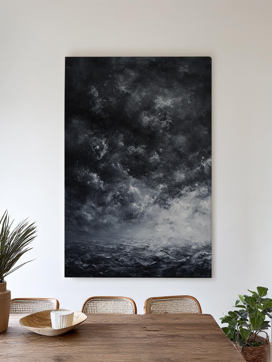 Stormy Seascape Canvas Art | Impasto Textural Print | Coastal Modern Wall Art For Living Room | Charcoal Gray Art Vertical Canvas