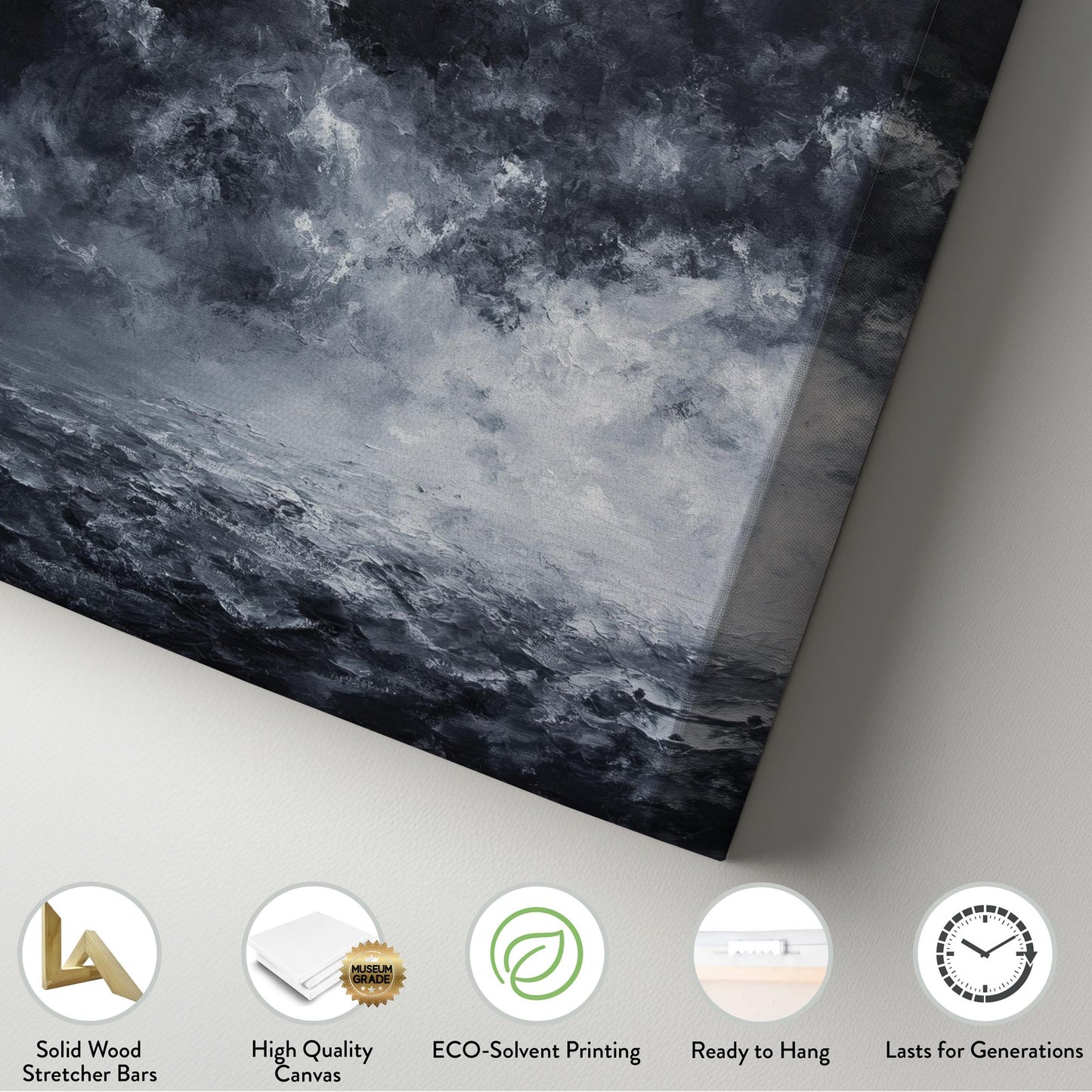 Stormy Seascape Canvas Art | Impasto Textural Print | Coastal Modern Wall Art For Living Room | Charcoal Gray Art Vertical Canvas